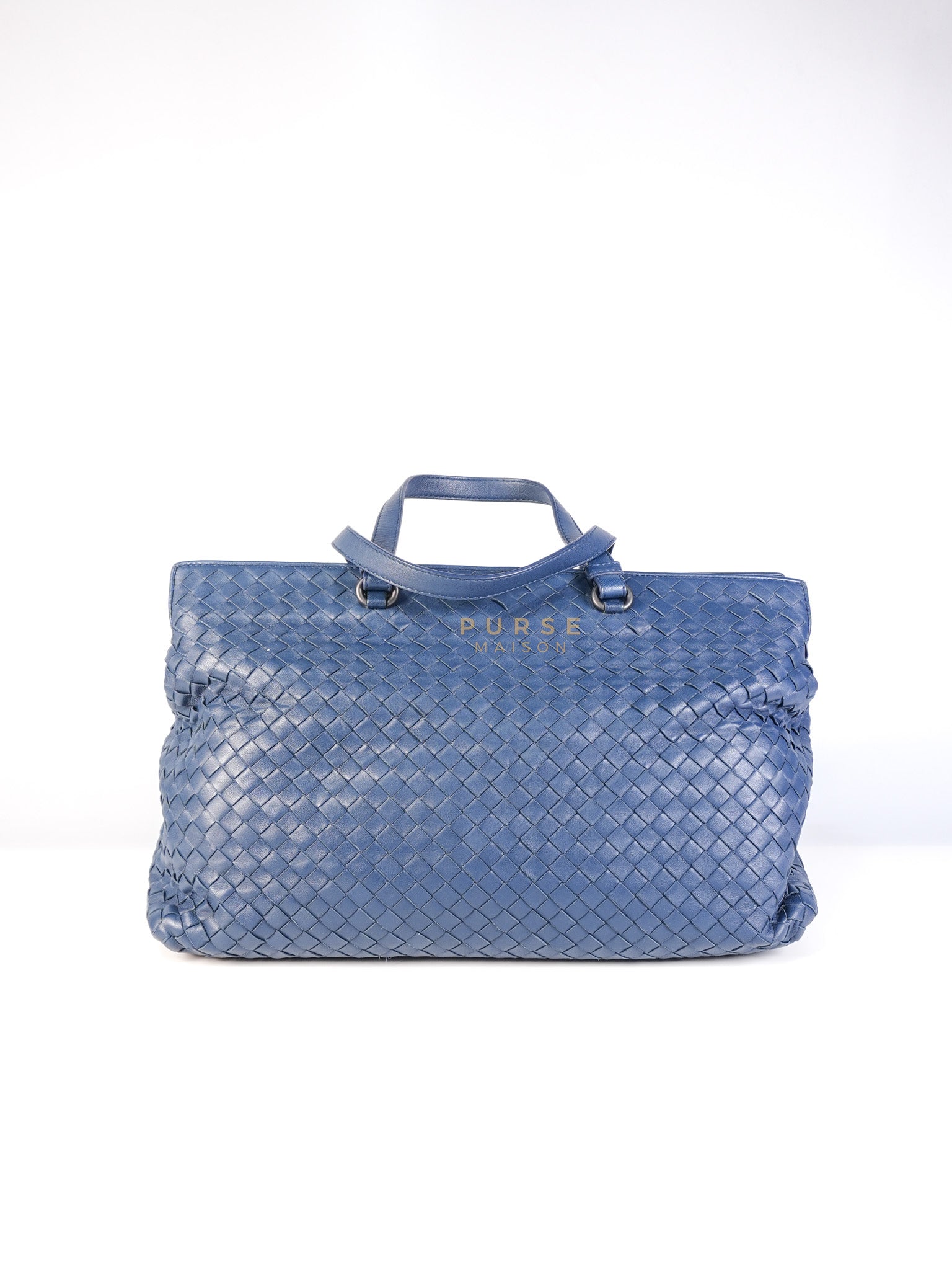 Intercciato Double Zipped Tote Bag in Blue Woven Leather | Purse Maison Luxury Bags Shop