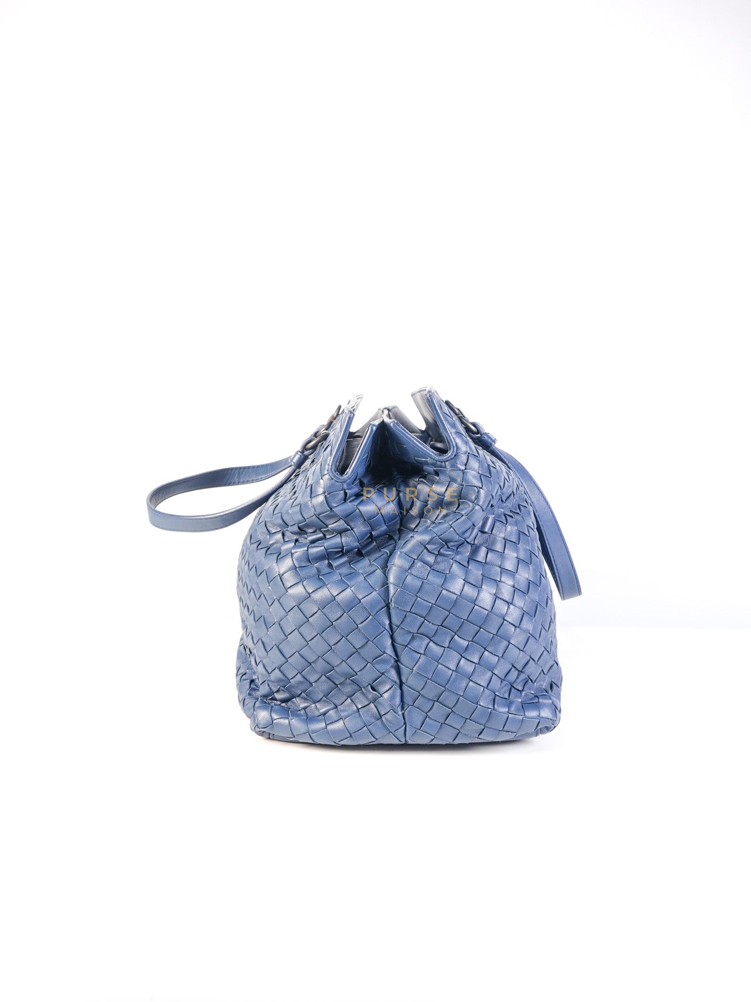 Intercciato Double Zipped Tote Bag in Blue Woven Leather | Purse Maison Luxury Bags Shop