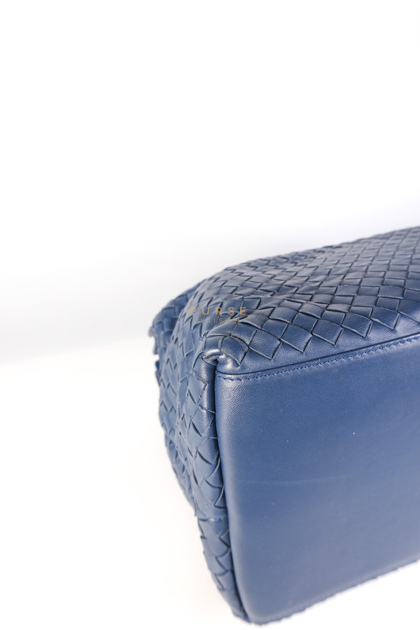 Intercciato Double Zipped Tote Bag in Blue Woven Leather | Purse Maison Luxury Bags Shop