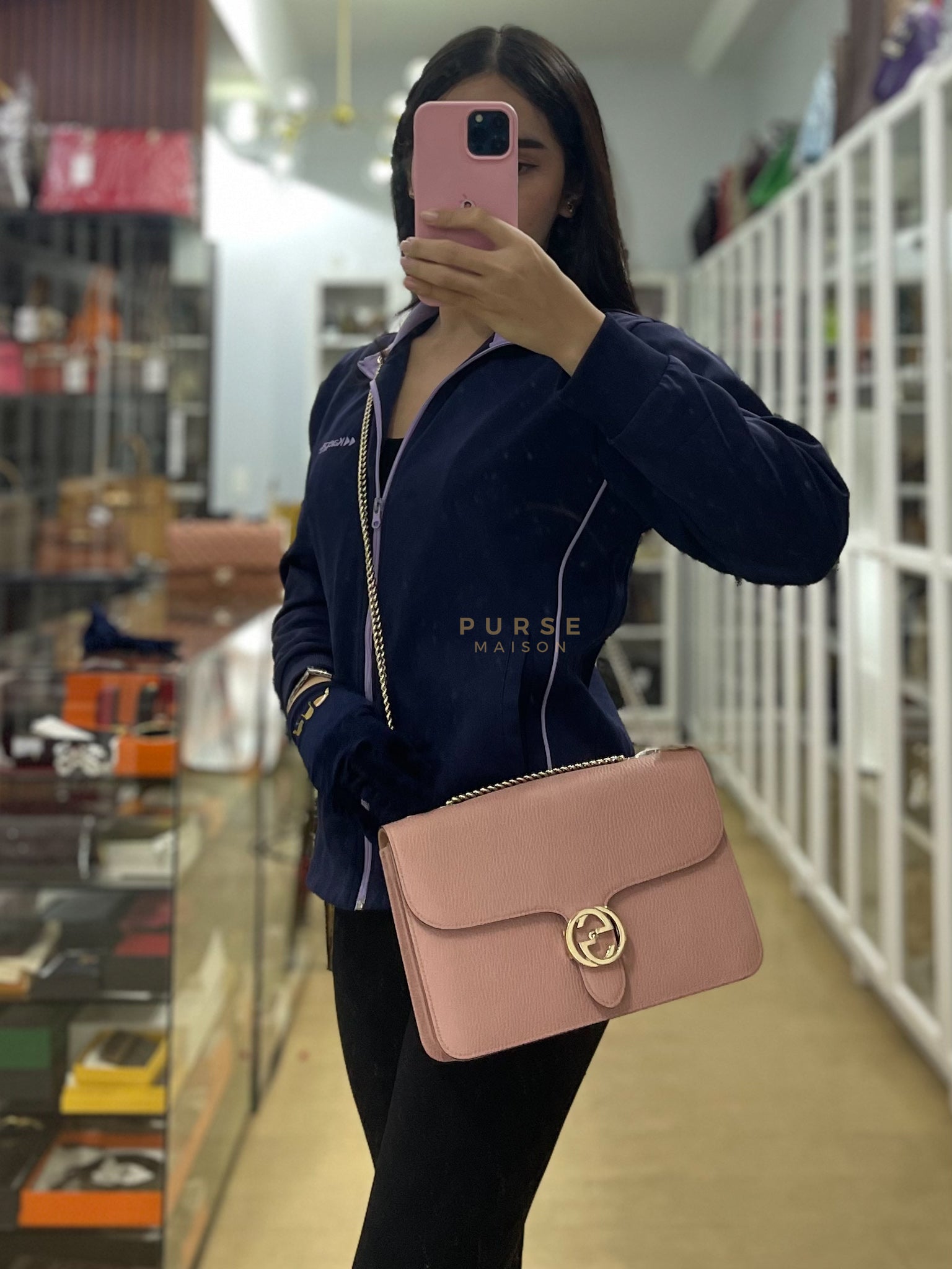 Interlocking G Medium in Pink Grained Calfskin Leather Chain Strap Bag | Purse Maison Luxury Bags Shop