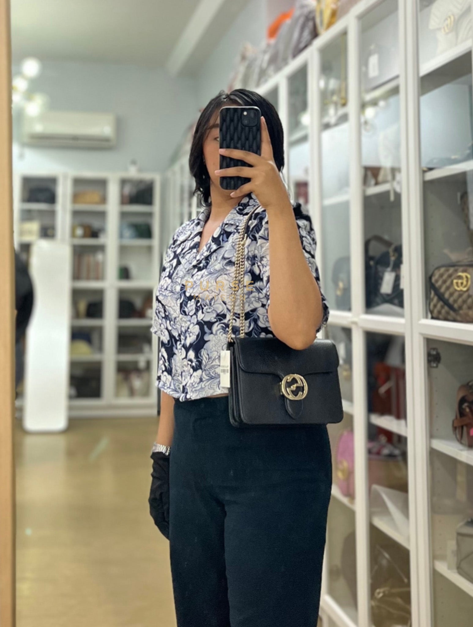 Interlocking G Small Chain Shoulder Bag in Black & Gold Hardware | Purse Maison Luxury Bags Shop