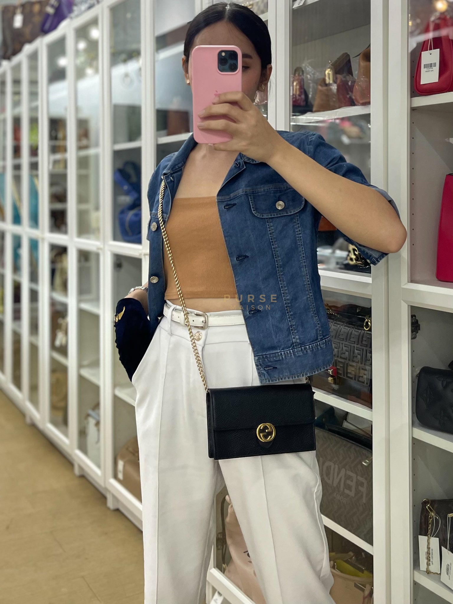 Interlocking G Wallet on Chain Black Grained Calfskin Leather | Purse Maison Luxury Bags Shop