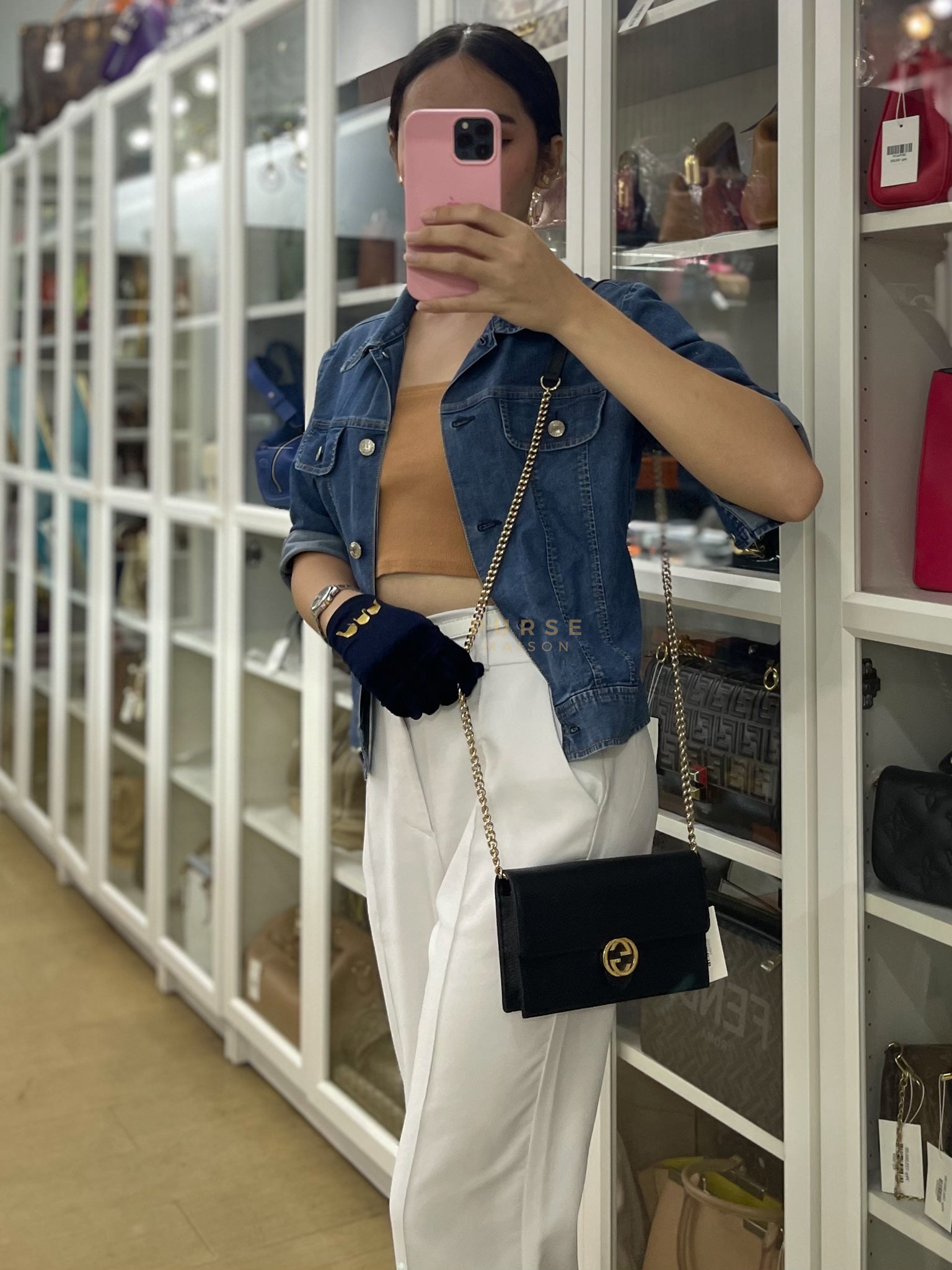 Interlocking G Wallet on Chain Black Grained Calfskin Leather | Purse Maison Luxury Bags Shop