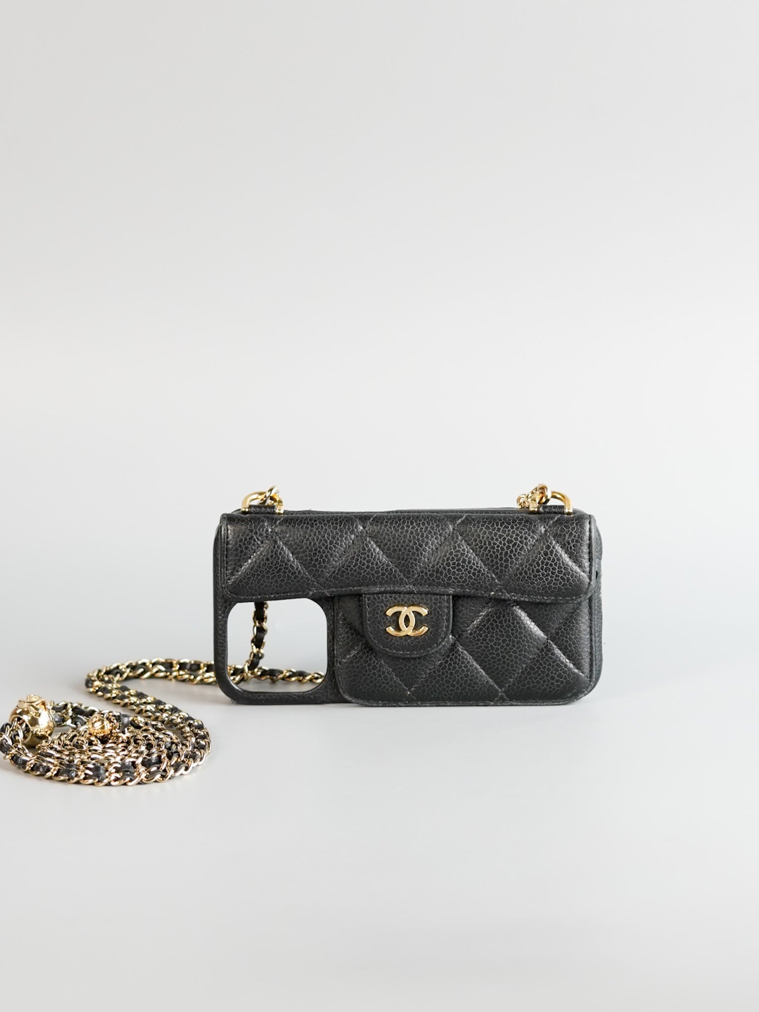 iPhone 14 Case with Pearl Crush Chain in Black Caviar and Light Harware Series 31 | Purse Maison Luxury Bags Shop