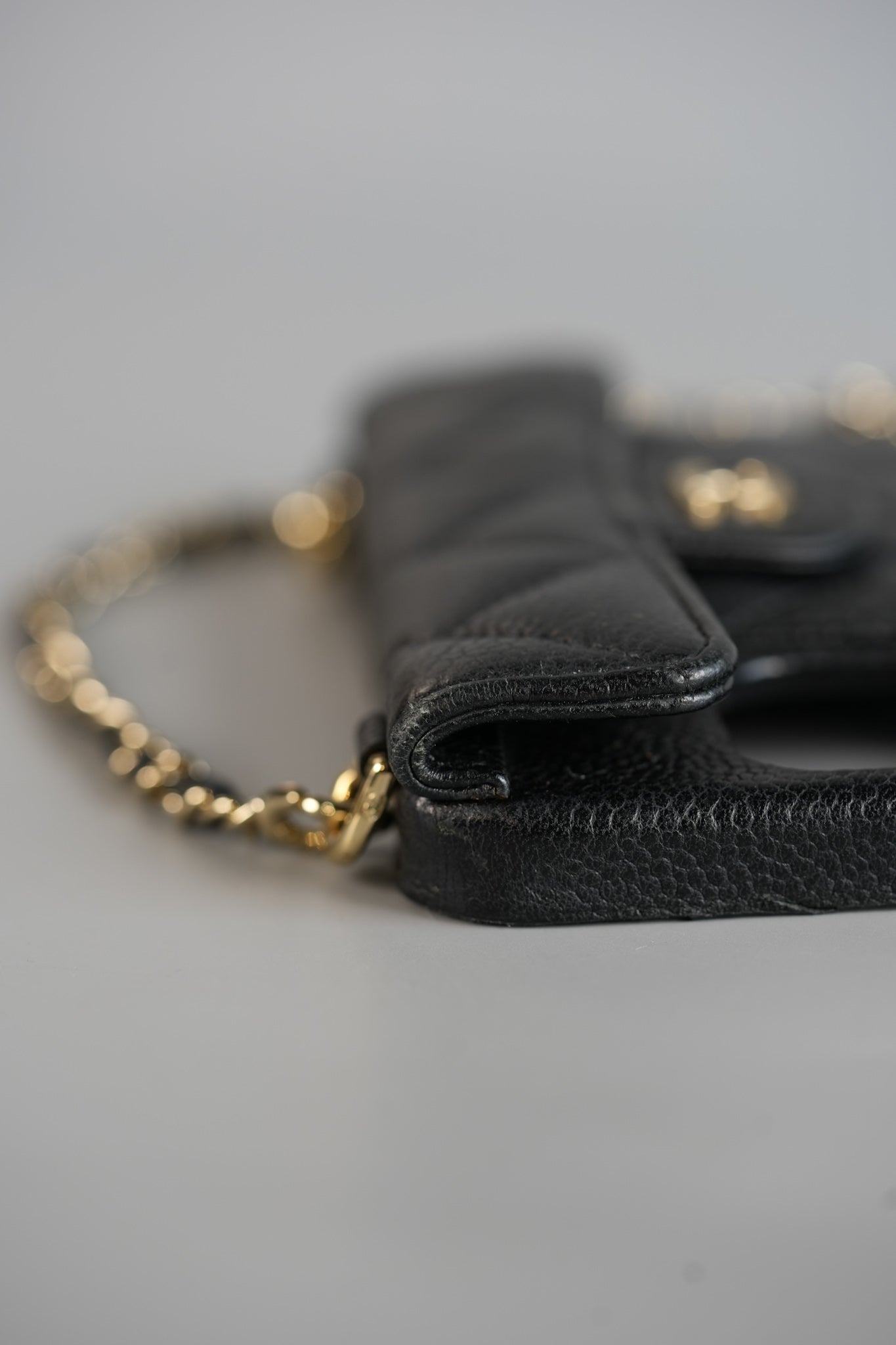 iPhone 14 Case with Pearl Crush Chain in Black Caviar and Light Harware Series 31 | Purse Maison Luxury Bags Shop