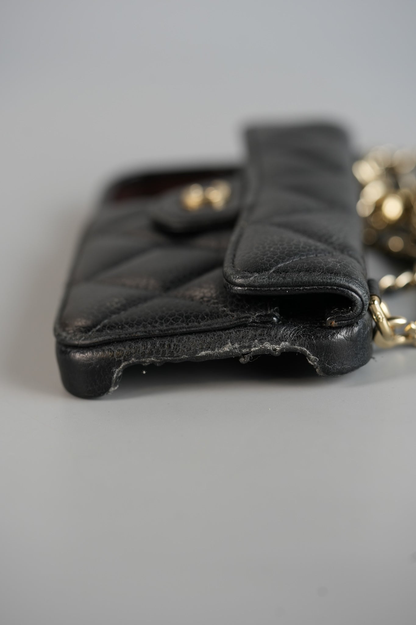 iPhone 14 Case with Pearl Crush Chain in Black Caviar and Light Harware Series 31 | Purse Maison Luxury Bags Shop