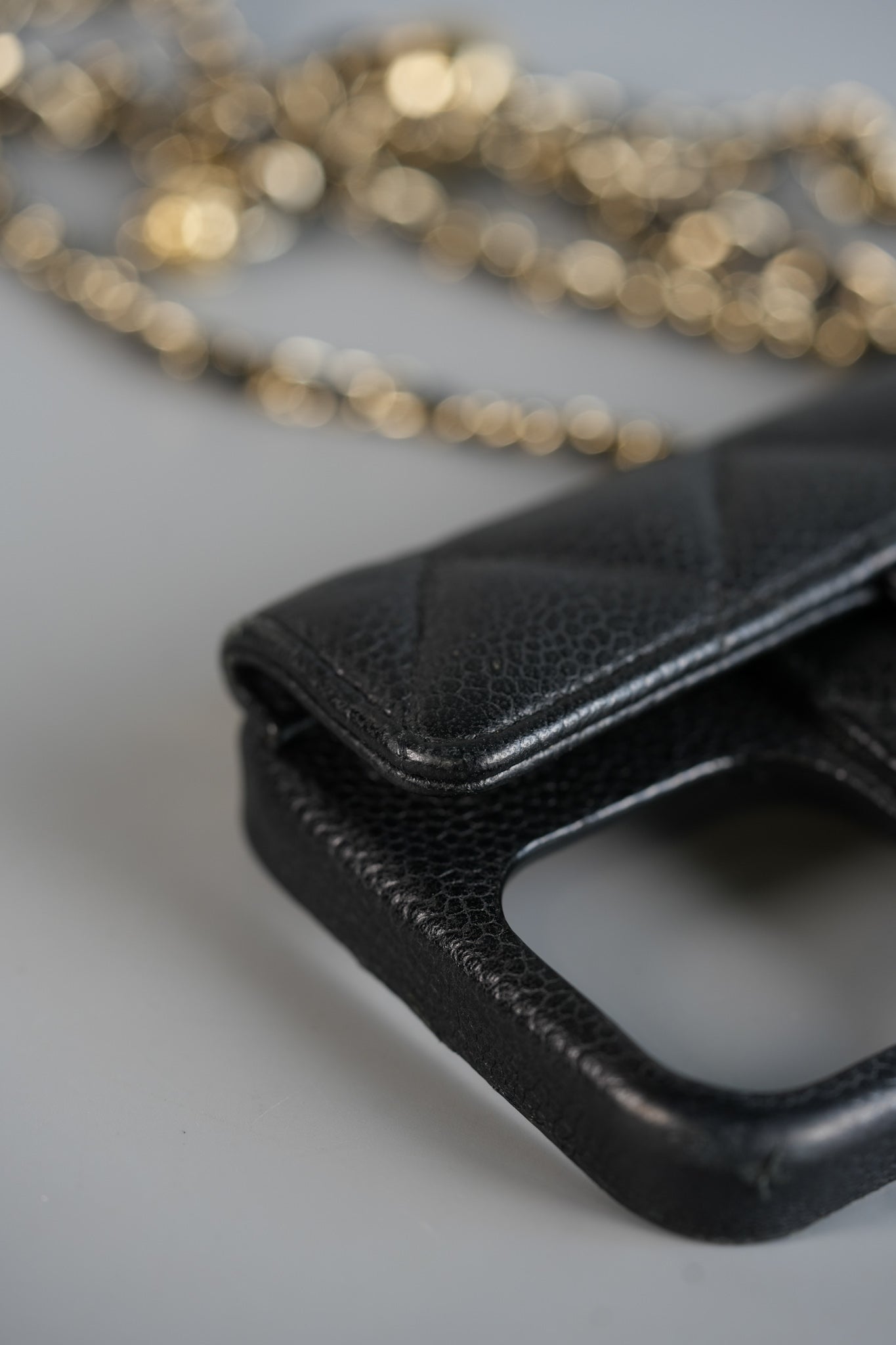 iPhone 14 Case with Pearl Crush Chain in Black Caviar and Light Harware Series 31 | Purse Maison Luxury Bags Shop