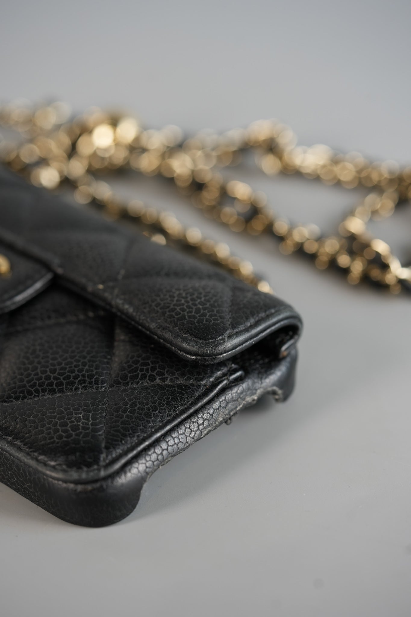 iPhone 14 Case with Pearl Crush Chain in Black Caviar and Light Harware Series 31 | Purse Maison Luxury Bags Shop