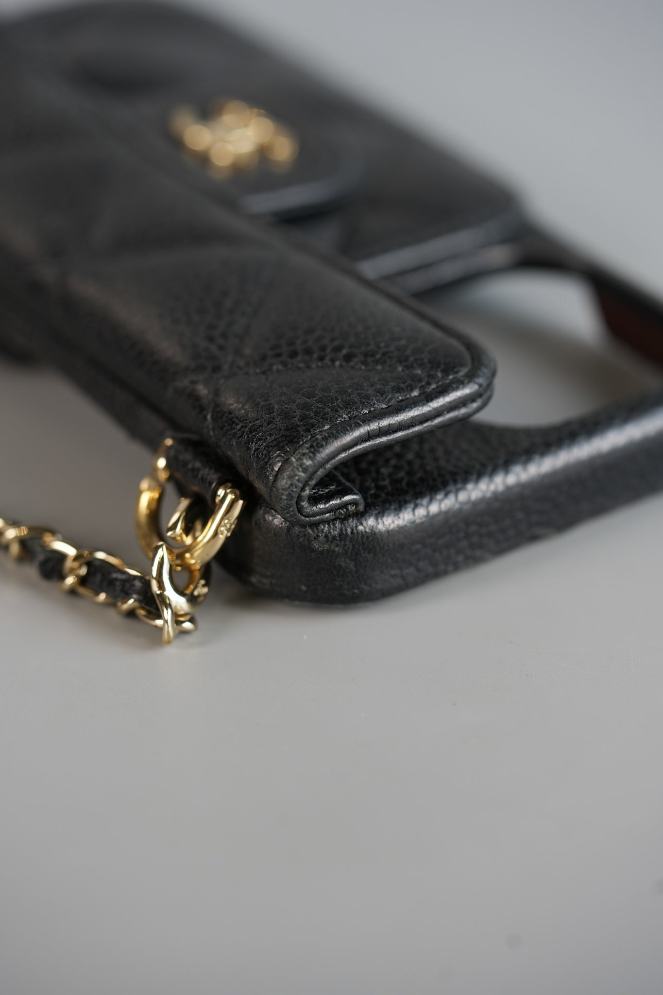 iPhone 14 Case with Pearl Crush Chain in Black Caviar and Light Harware Series 31 | Purse Maison Luxury Bags Shop