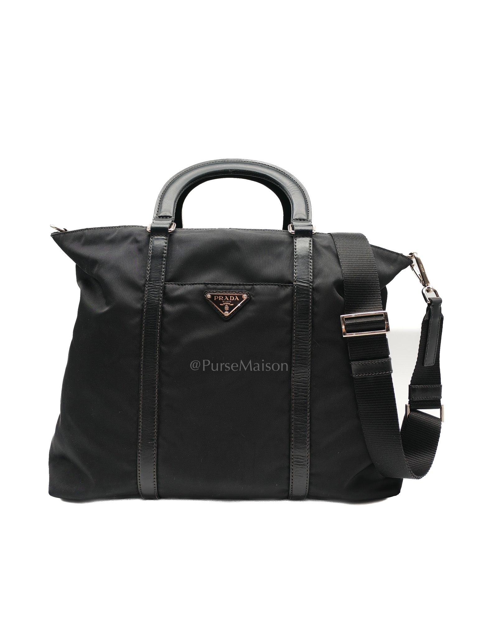 Prada BN1057 Boston Bag in Black Tessuto Nylon and Saffiano Leather Trim Silver Hardware