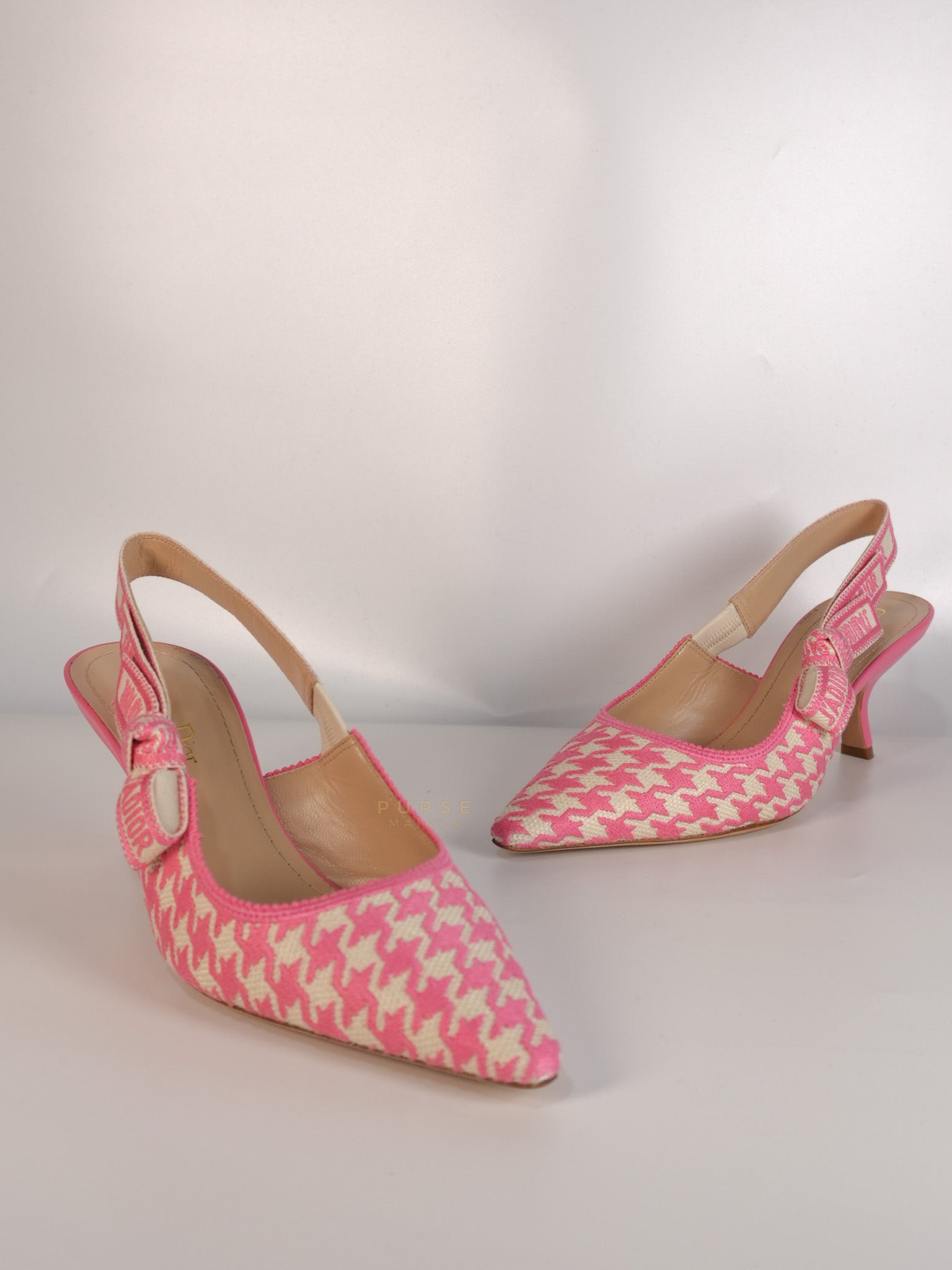 J'adior Slingback Pumps Pink/White Embroidered Fabric Size 38.5 EU(24.1 cm) | Purse Maison Luxury Bags Shop