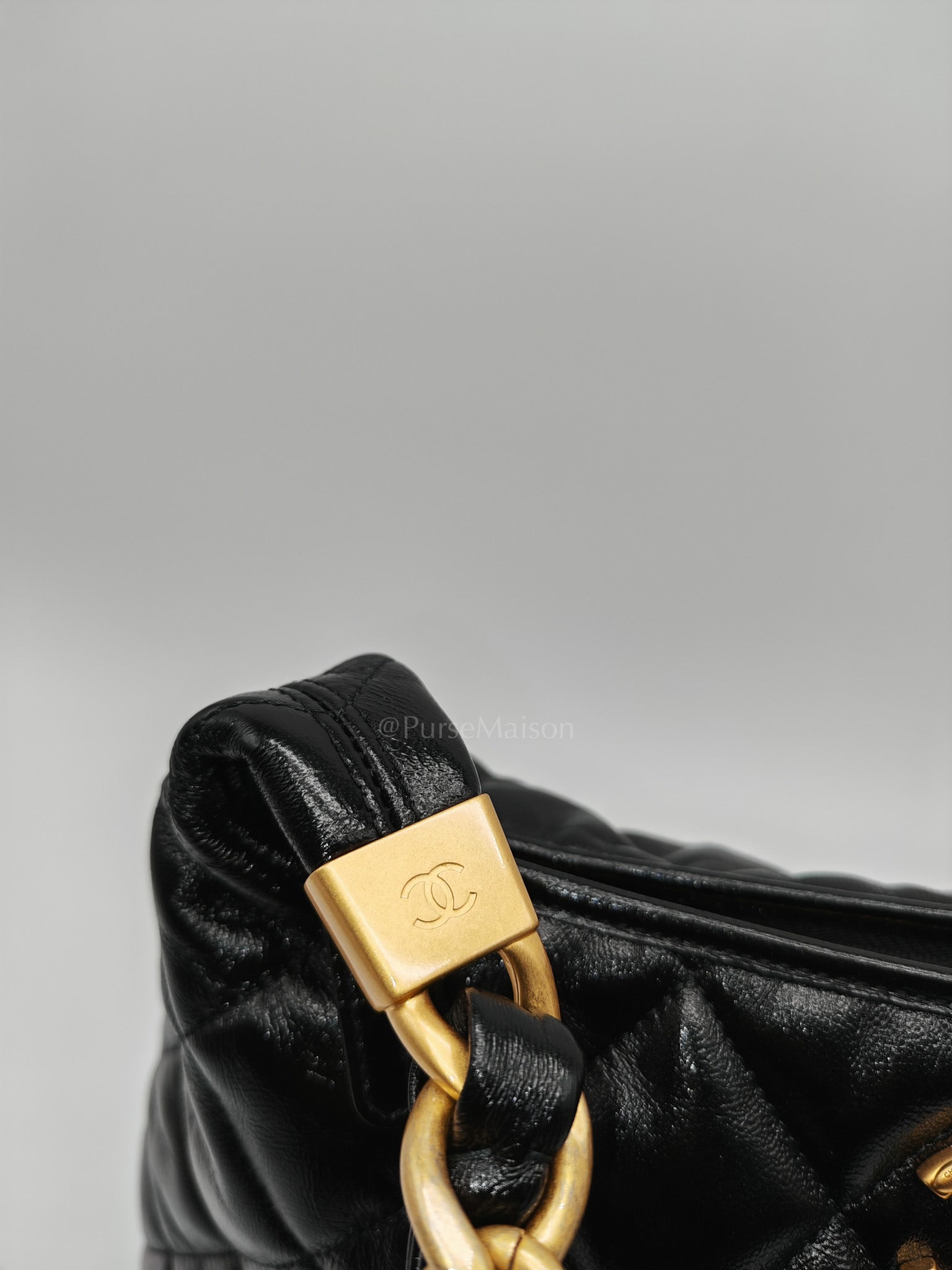 24A Hobo Bag in Black Lambskin Leather & Aged Gold Hardware Microchip