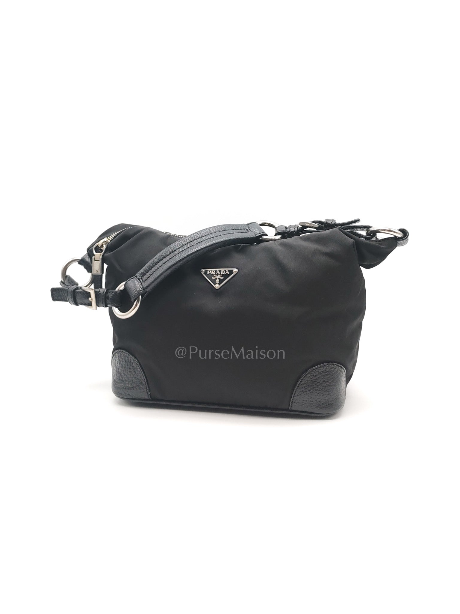 Tessuto Shoulder Bag in Black Nylon Canvas & Silver Hardware