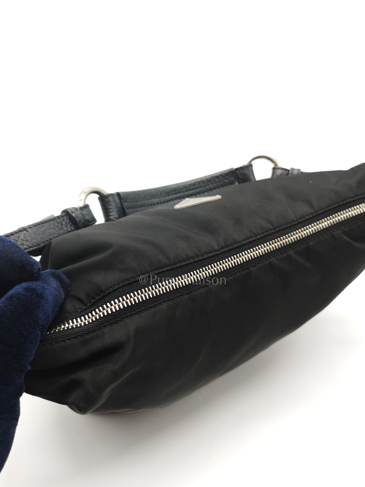 Tessuto Shoulder Bag in Black Nylon Canvas & Silver Hardware