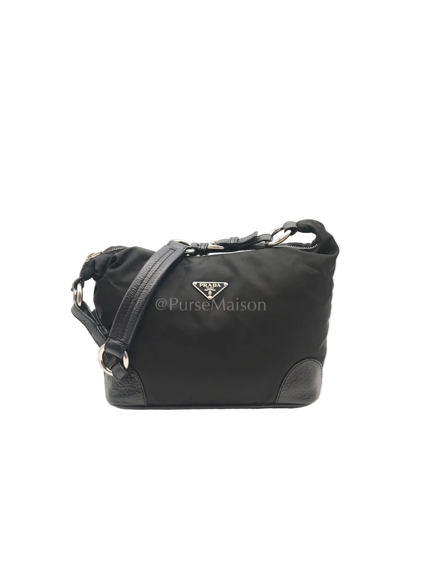 Tessuto Shoulder Bag in Black Nylon Canvas & Silver Hardware