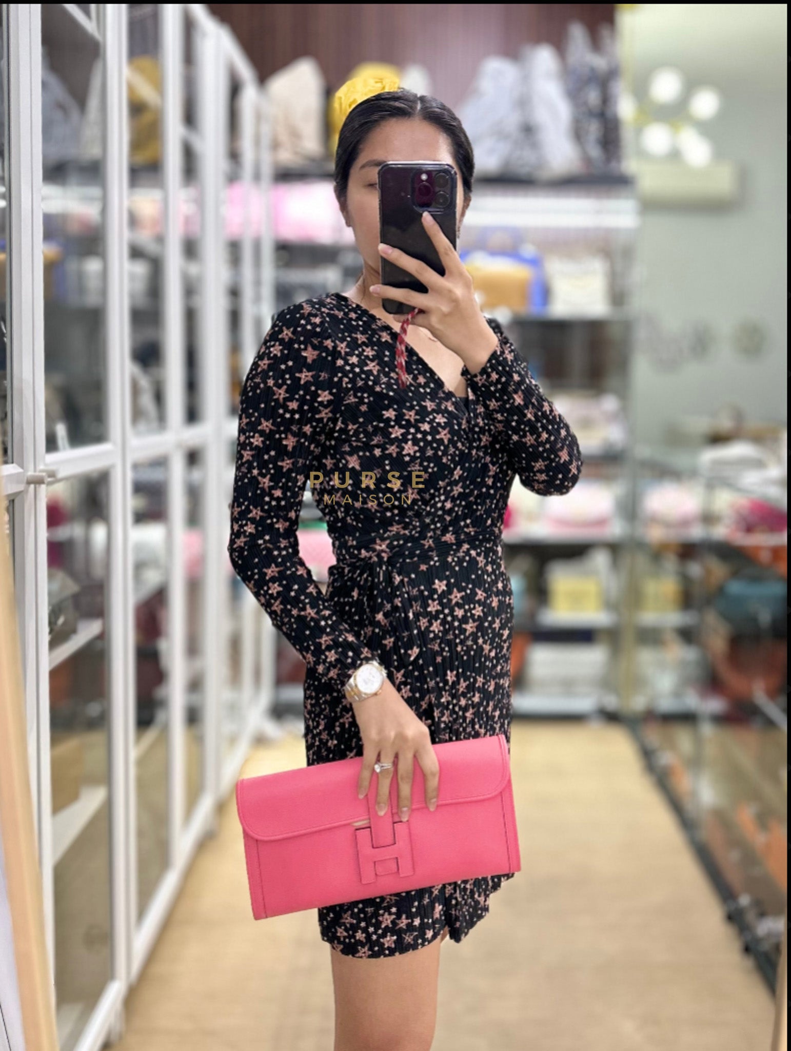 Jige Elan 29 Clutch in Rose Azalee Swift Leather Stamp C (2018) | Purse Maison Luxury Bags Shop