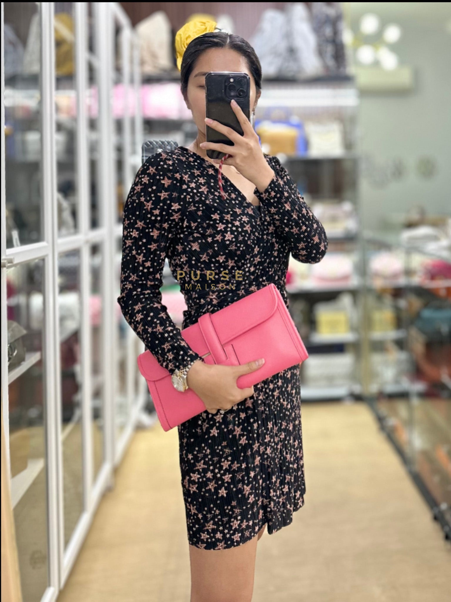 Jige Elan 29 Clutch in Rose Azalee Swift Leather Stamp C (2018) | Purse Maison Luxury Bags Shop
