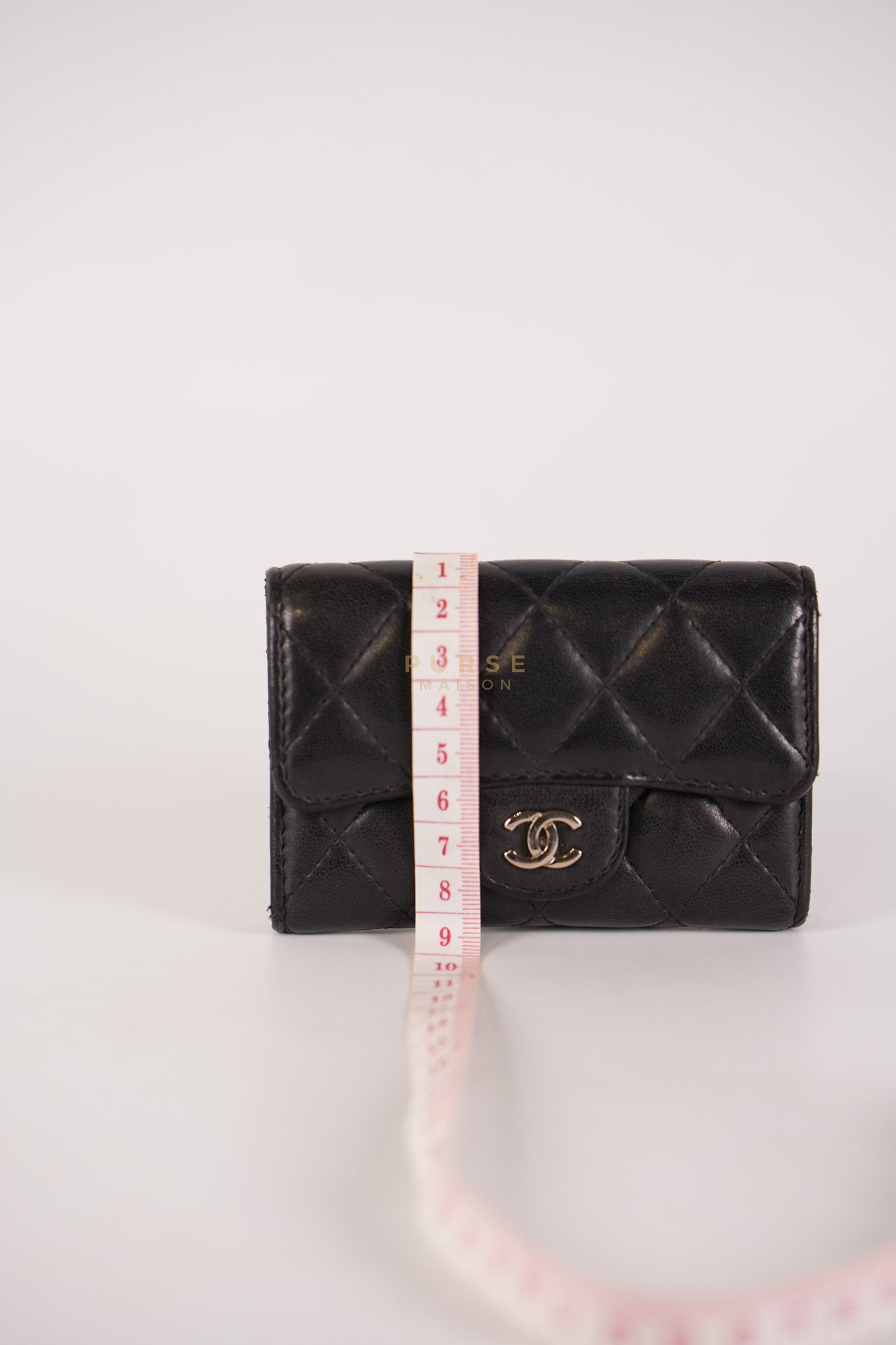 Flap Card Holder in Black Lambskin Leather and Silver Hardware Series 22