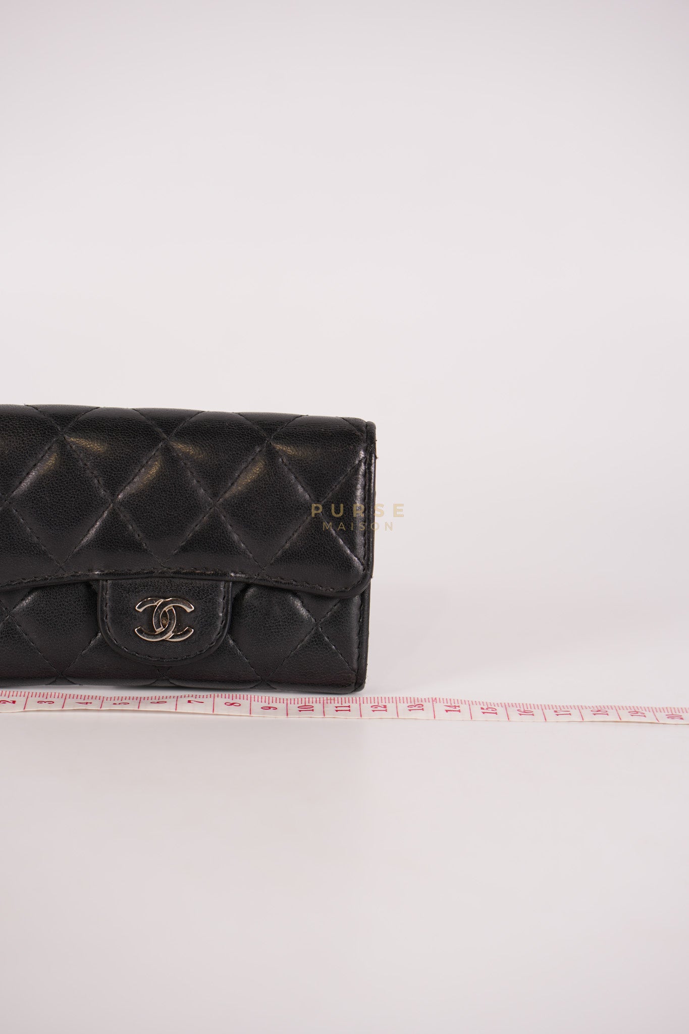 Flap Card Holder in Black Lambskin Leather and Silver Hardware Series 22