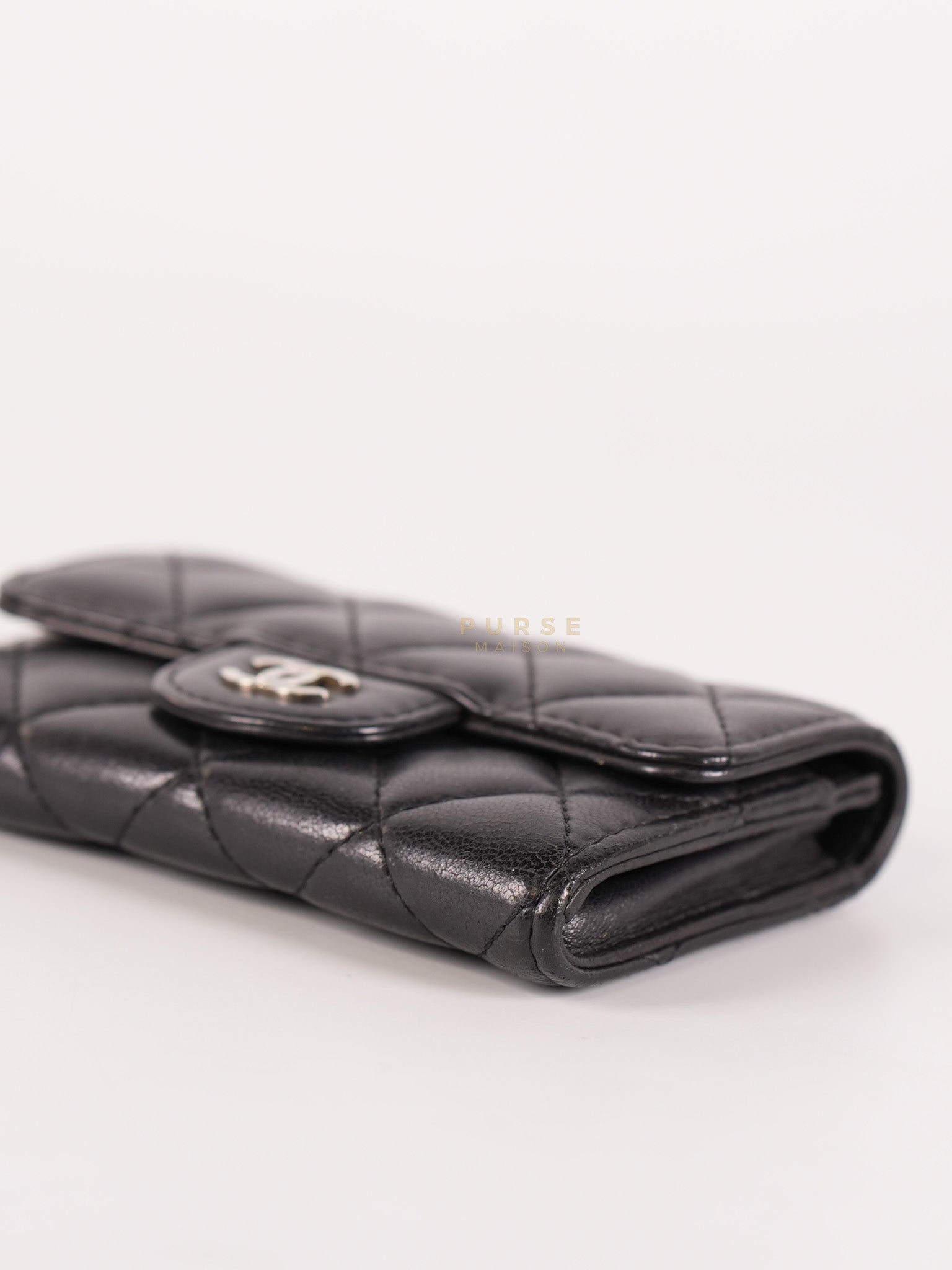 Flap Card Holder in Black Lambskin Leather and Silver Hardware Series 22