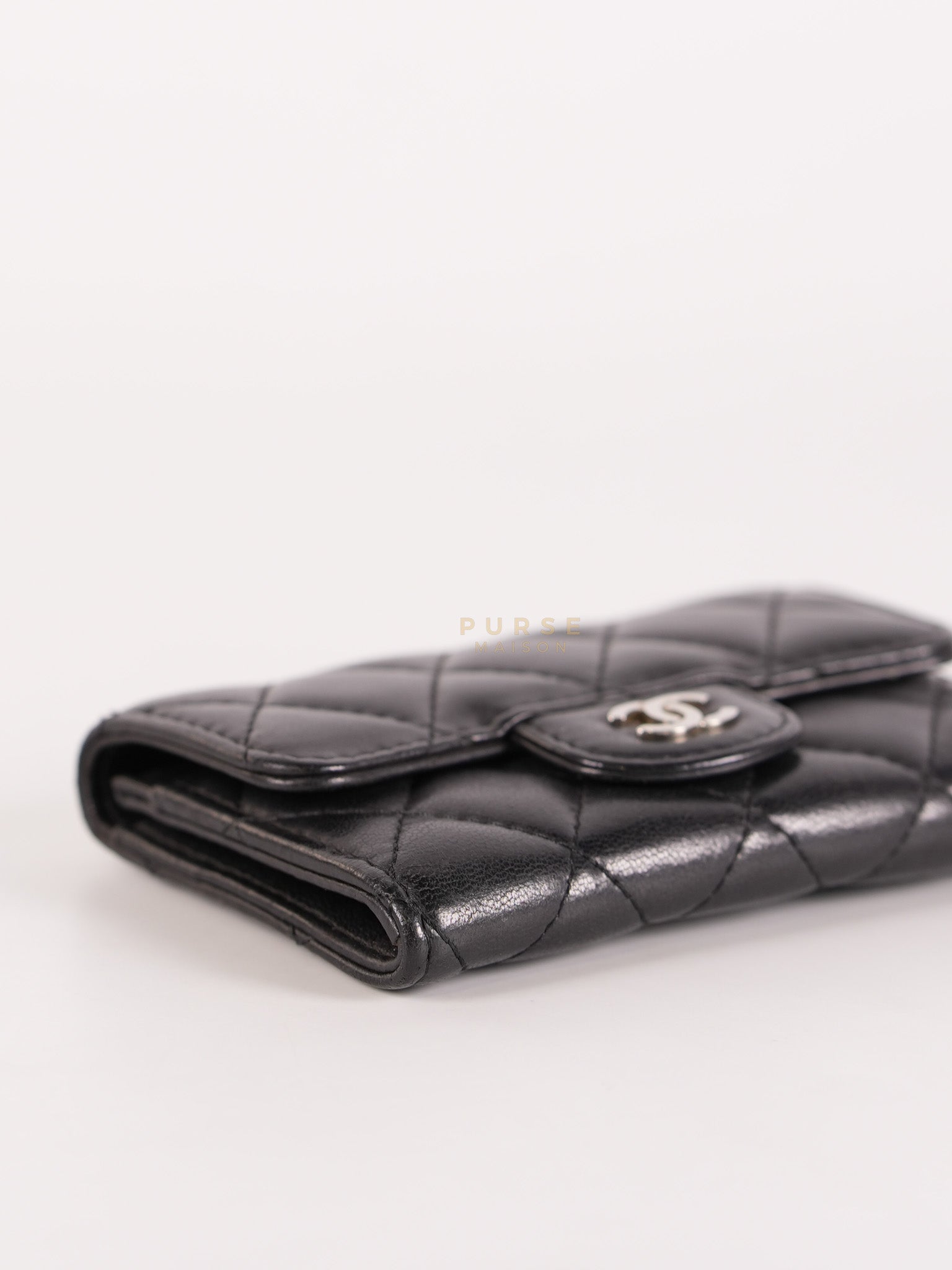 Flap Card Holder in Black Lambskin Leather and Silver Hardware Series 22