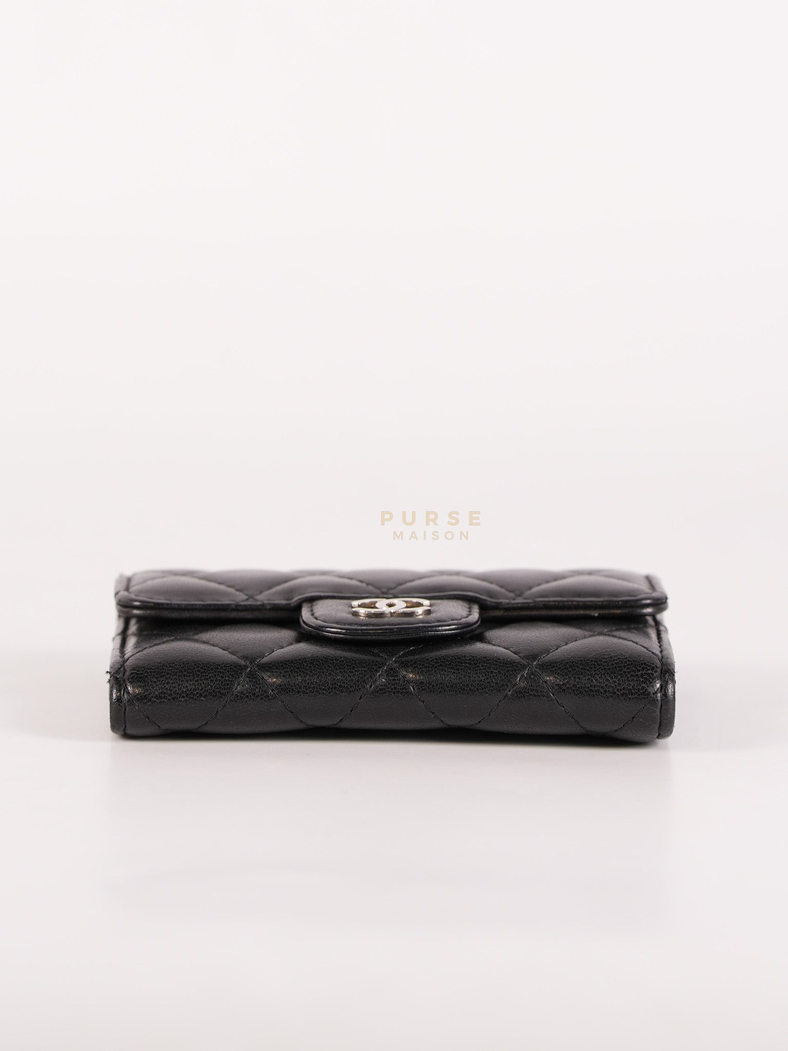 Flap Card Holder in Black Lambskin Leather and Silver Hardware Series 22