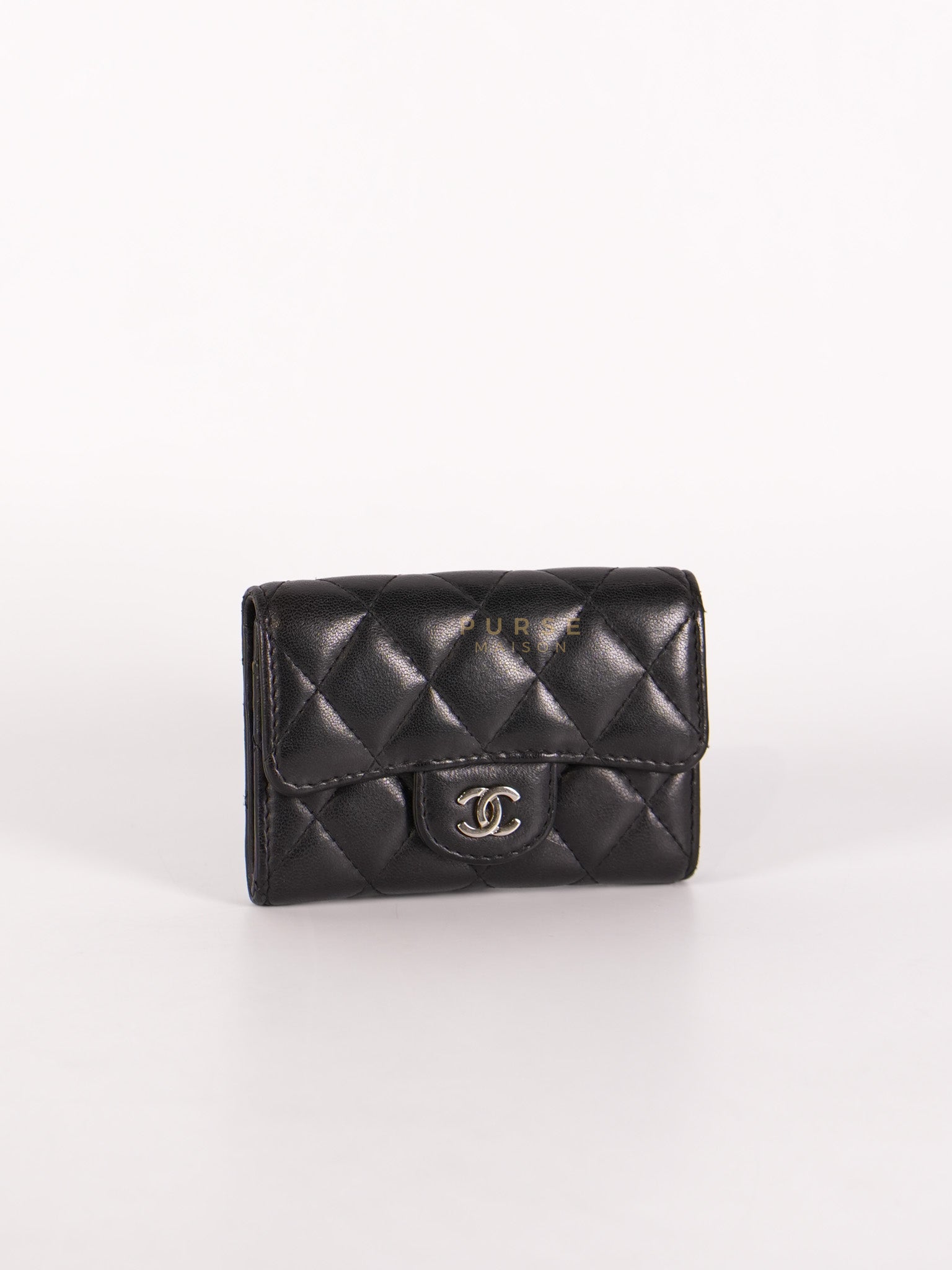 Flap Card Holder in Black Lambskin Leather and Silver Hardware Series 22