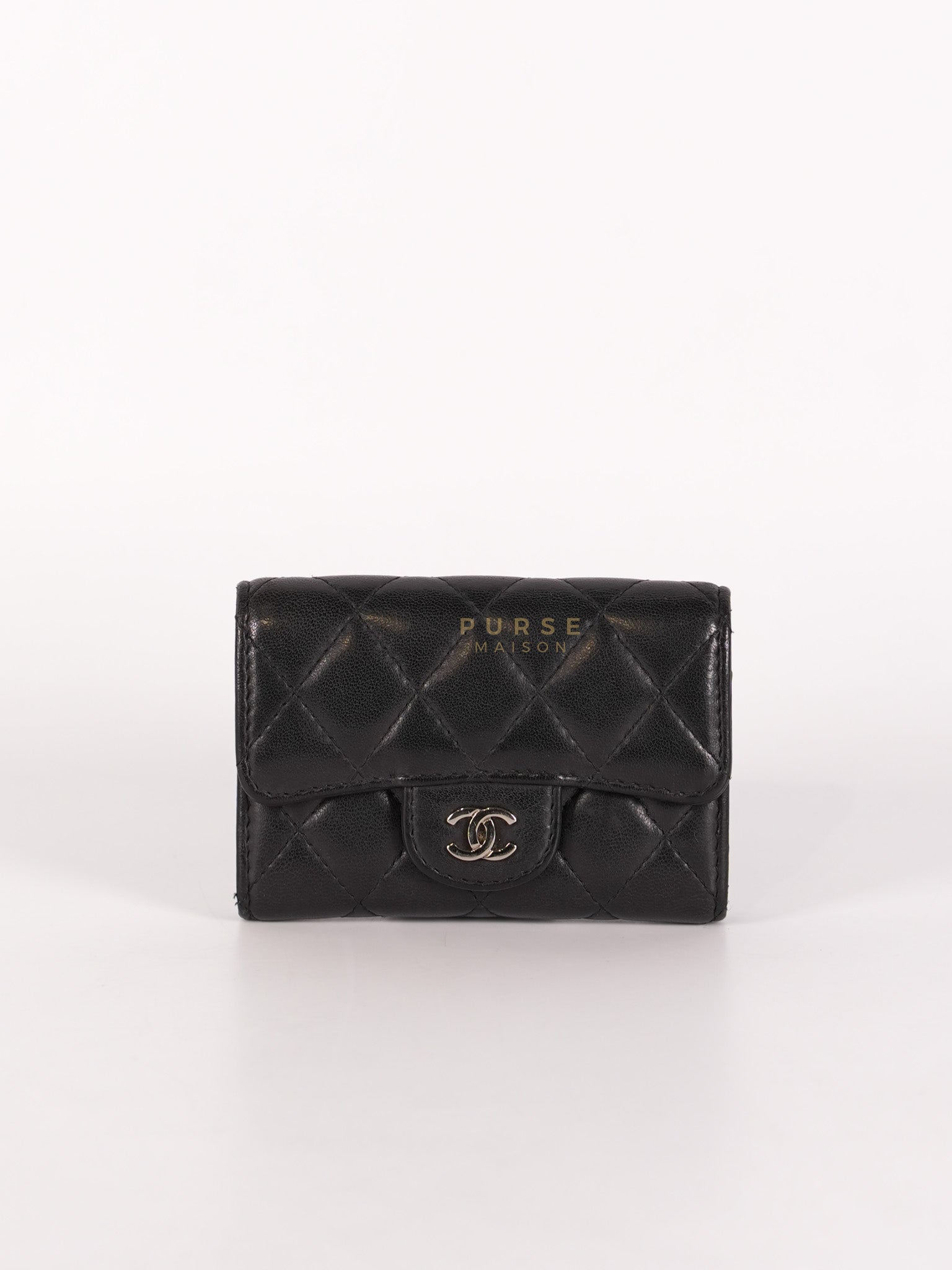Flap Card Holder in Black Lambskin Leather and Silver Hardware Series 22