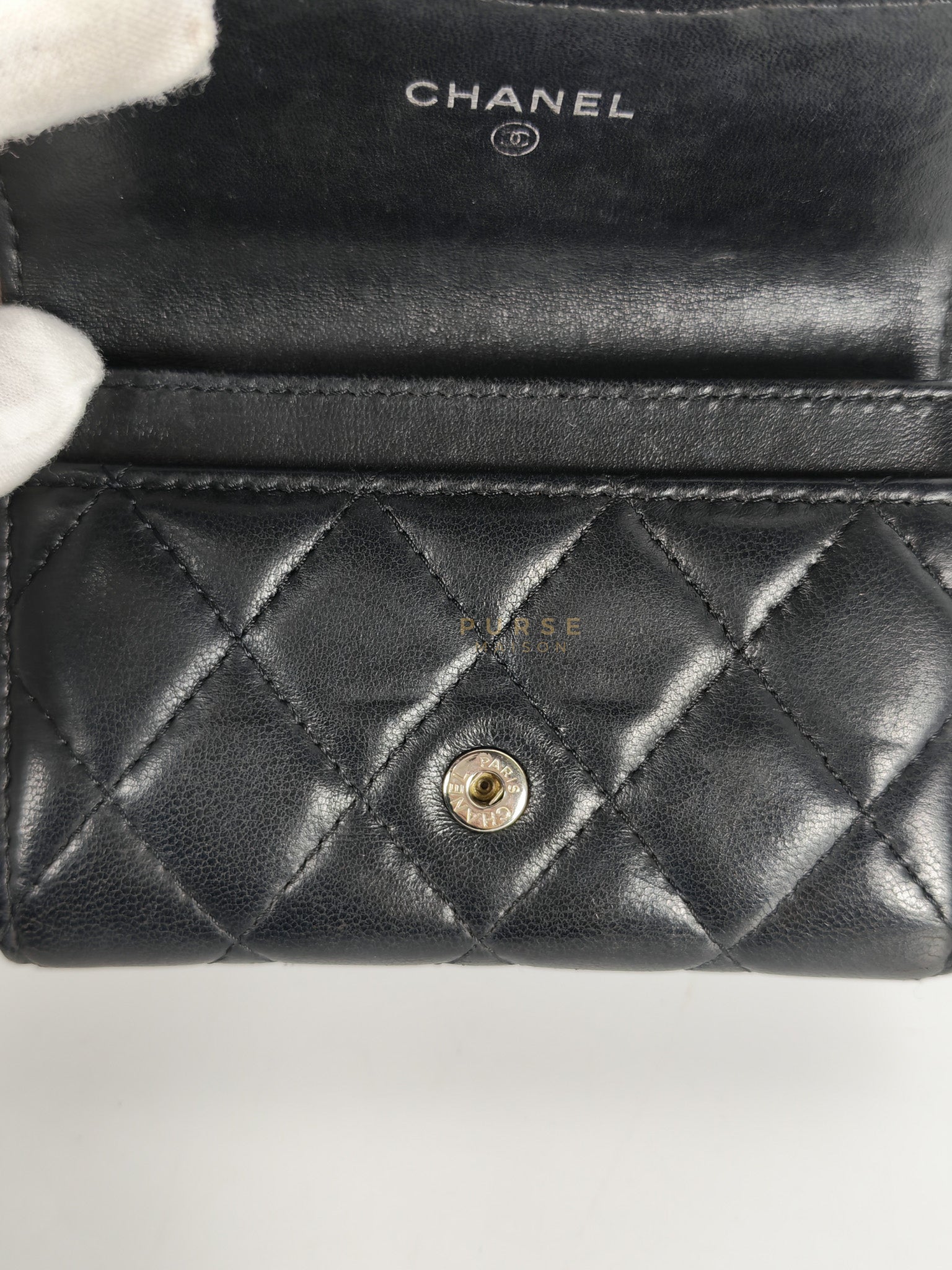 Flap Card Holder in Black Lambskin Leather and Silver Hardware Series 22