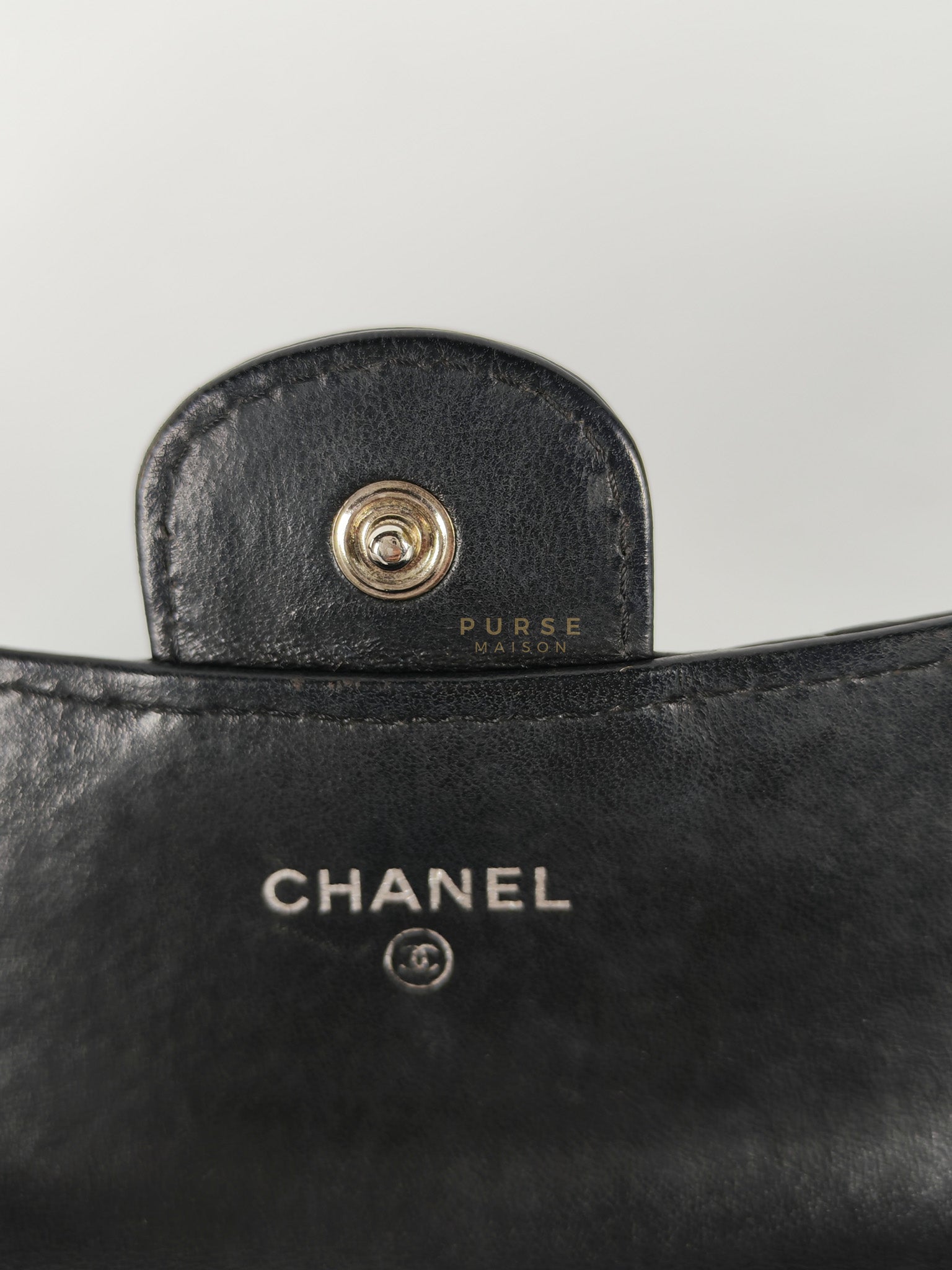 Flap Card Holder in Black Lambskin Leather and Silver Hardware Series 22