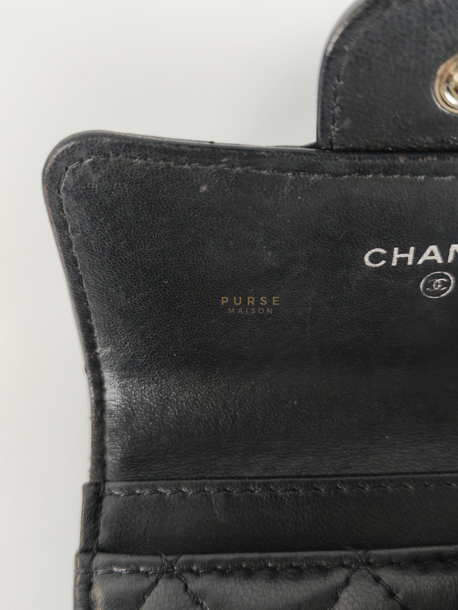 Flap Card Holder in Black Lambskin Leather and Silver Hardware Series 22