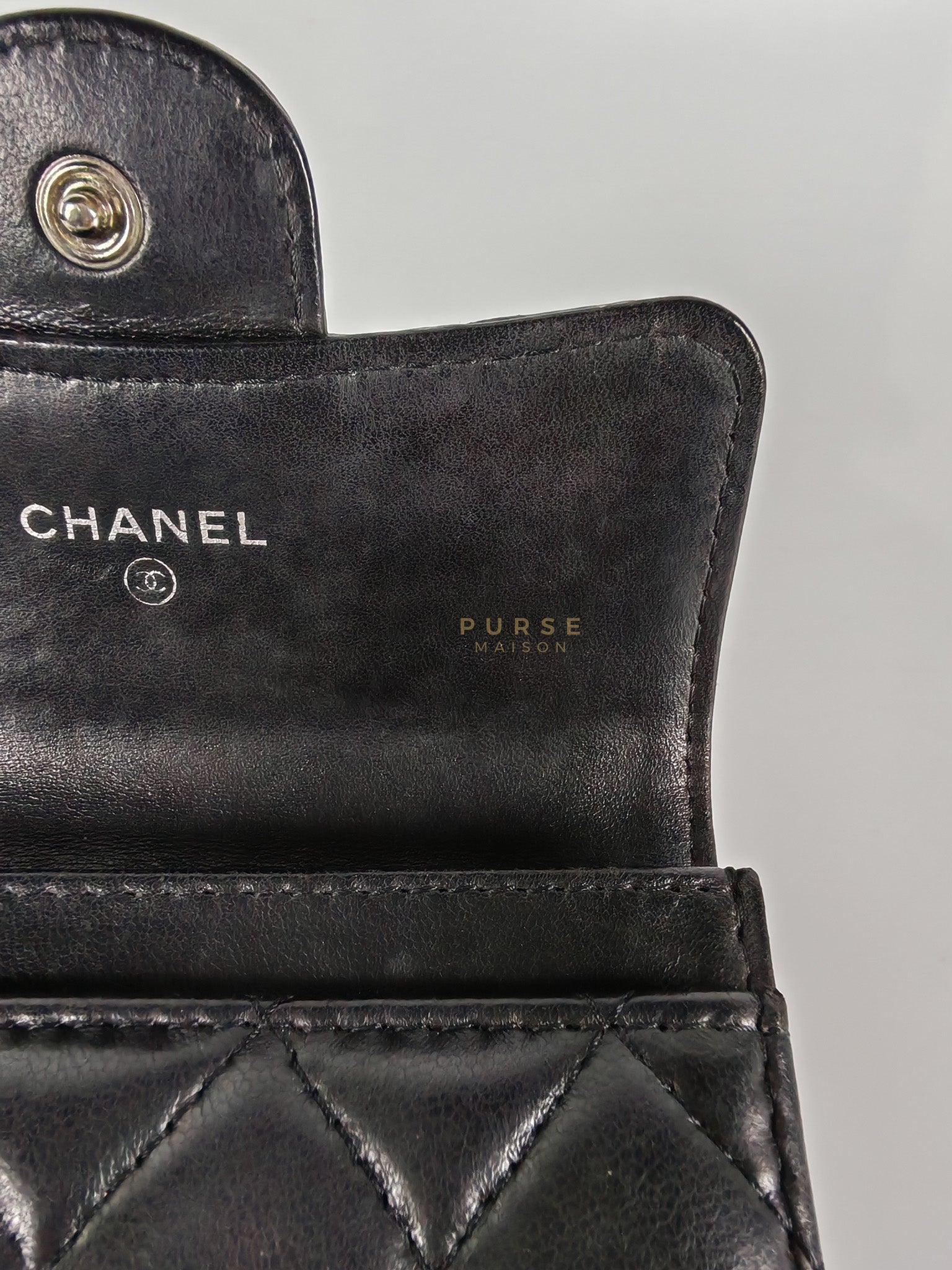 Flap Card Holder in Black Lambskin Leather and Silver Hardware Series 22