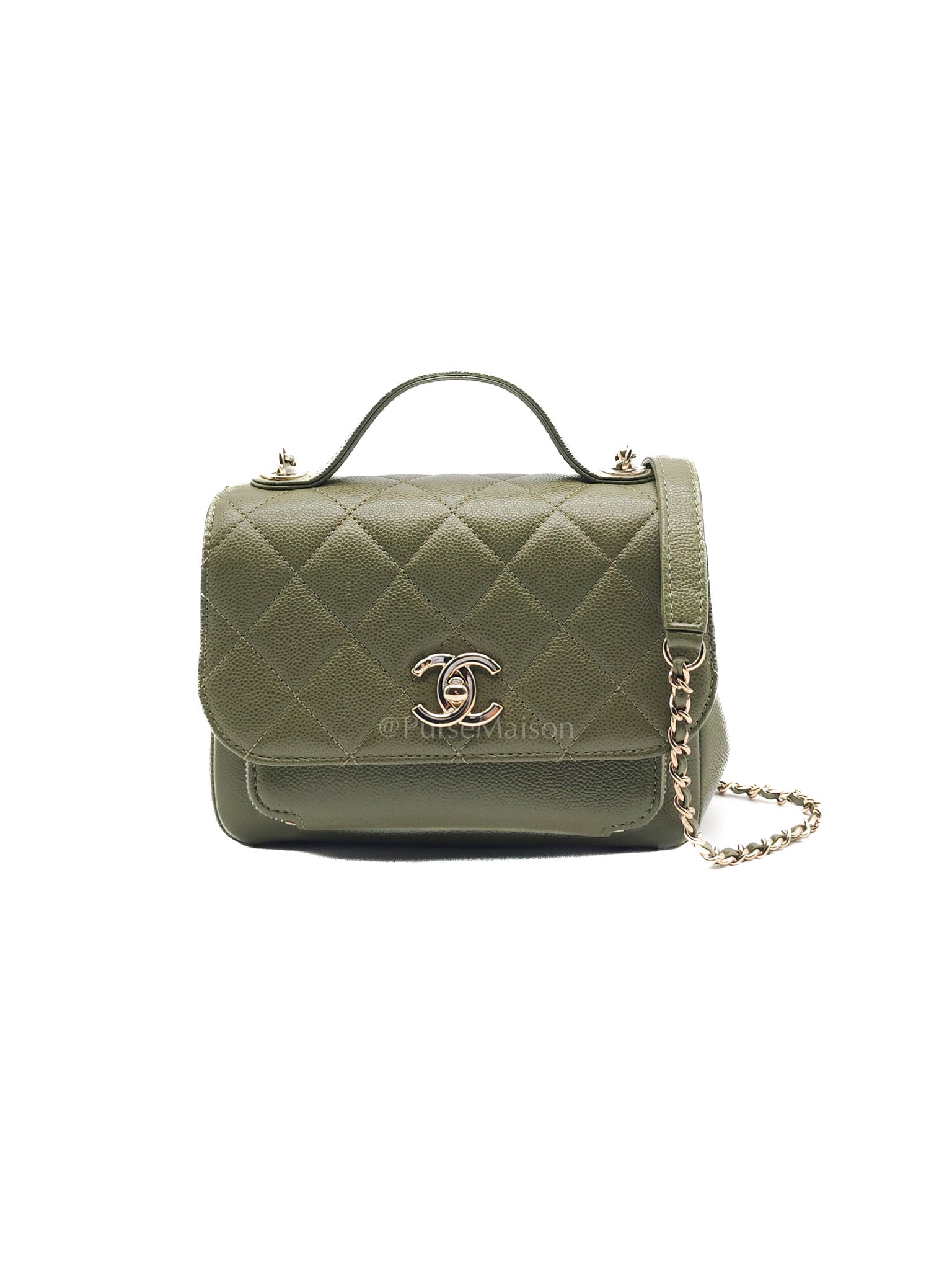 Business Affinity Bag in Sage Green Quilted Caviar Leather & Light Gold Hardware Microchip