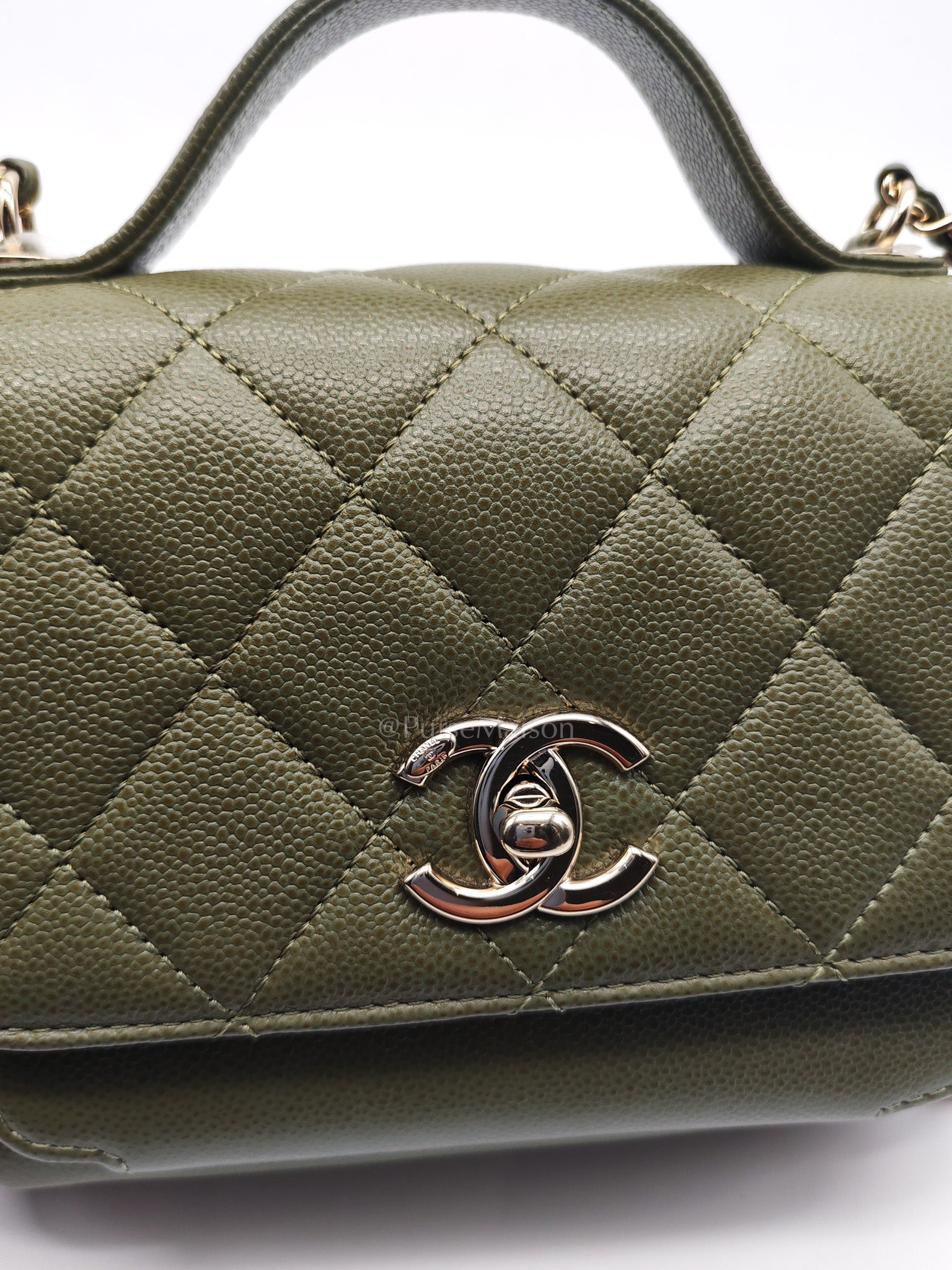 Business Affinity Bag in Sage Green Quilted Caviar Leather & Light Gold Hardware Microchip