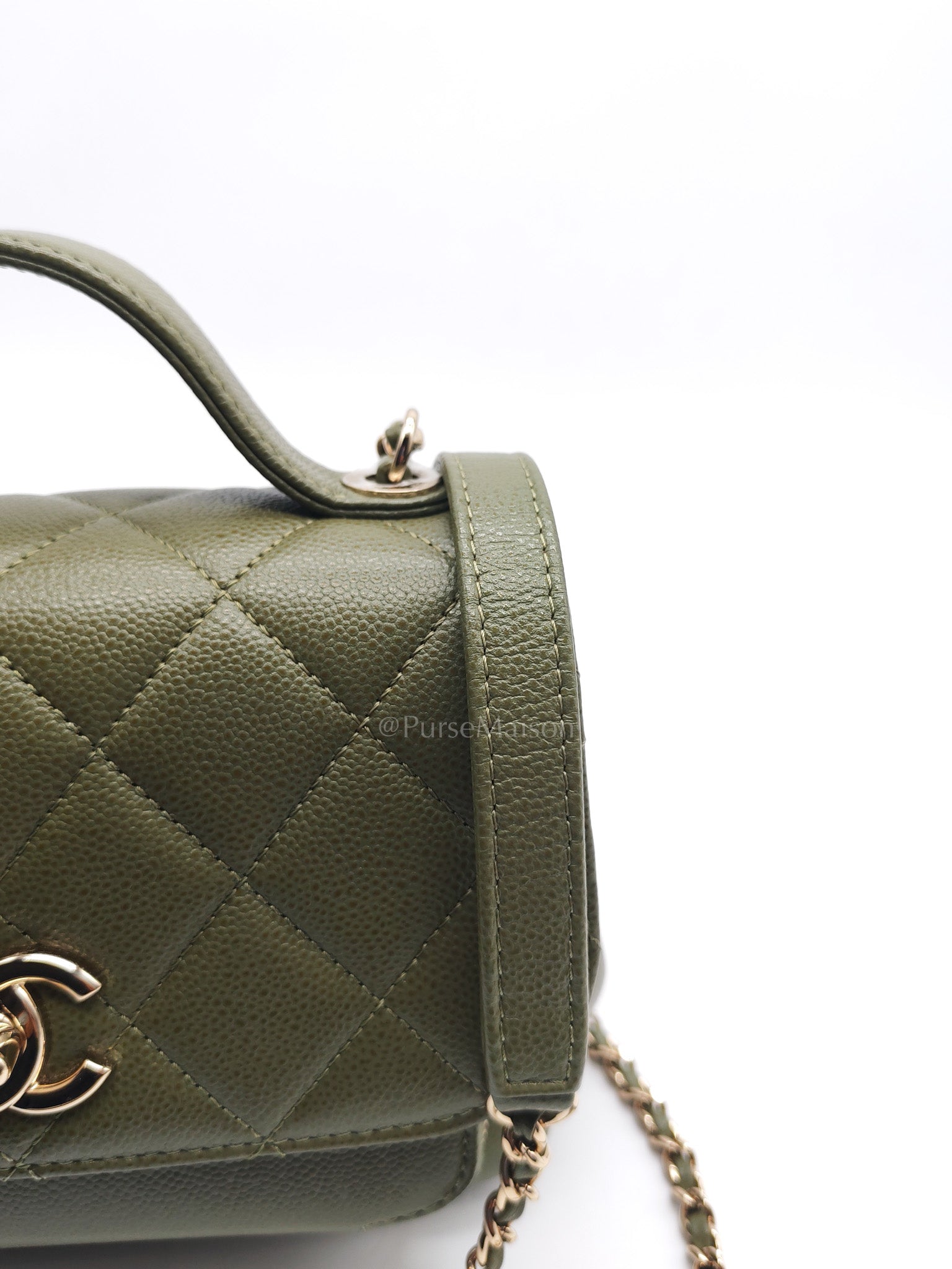 Business Affinity Bag in Sage Green Quilted Caviar Leather & Light Gold Hardware Microchip