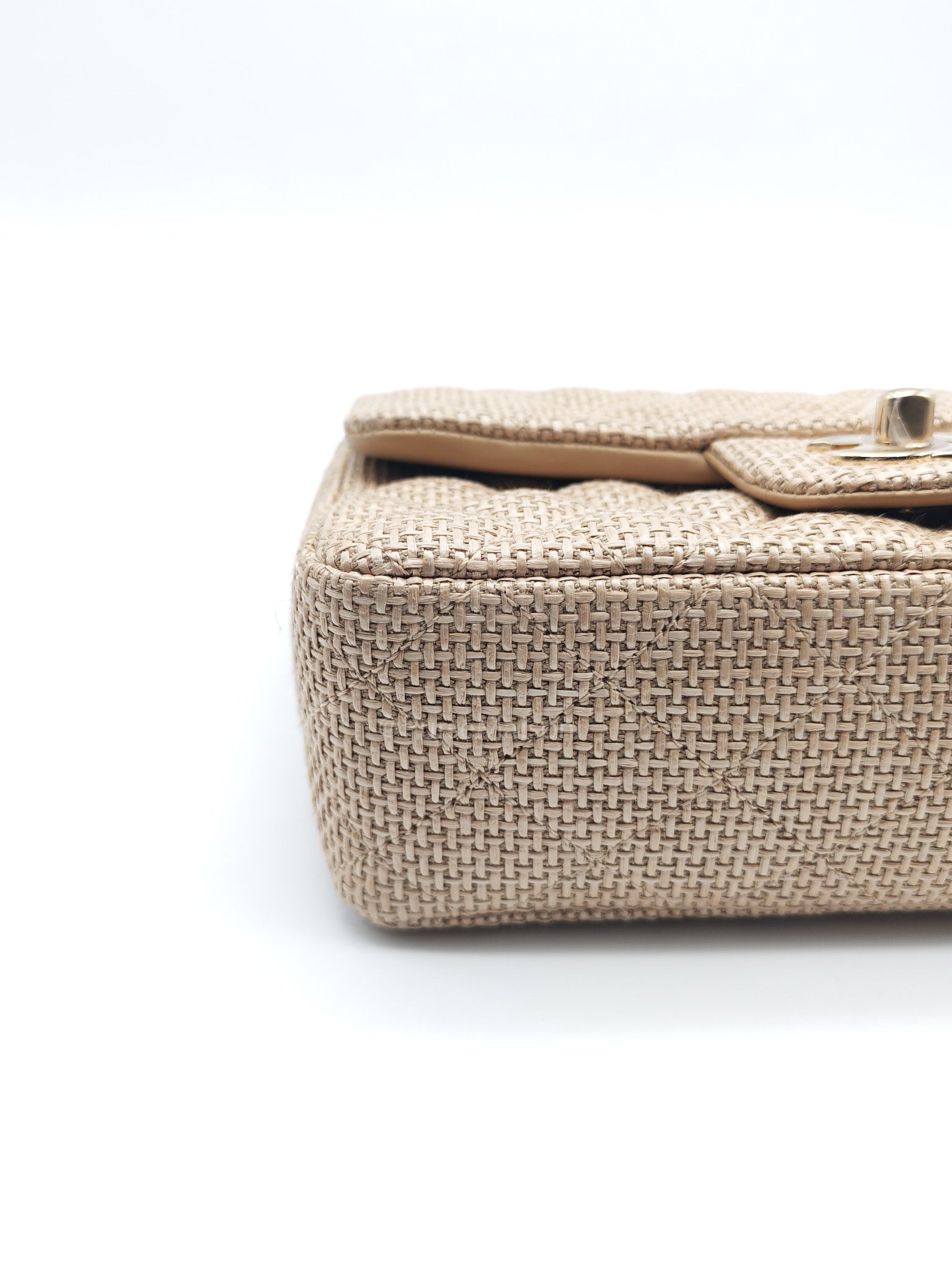 Mini Flap Bag in Dark Beige Raffia & Light Gold Hardware Microchip