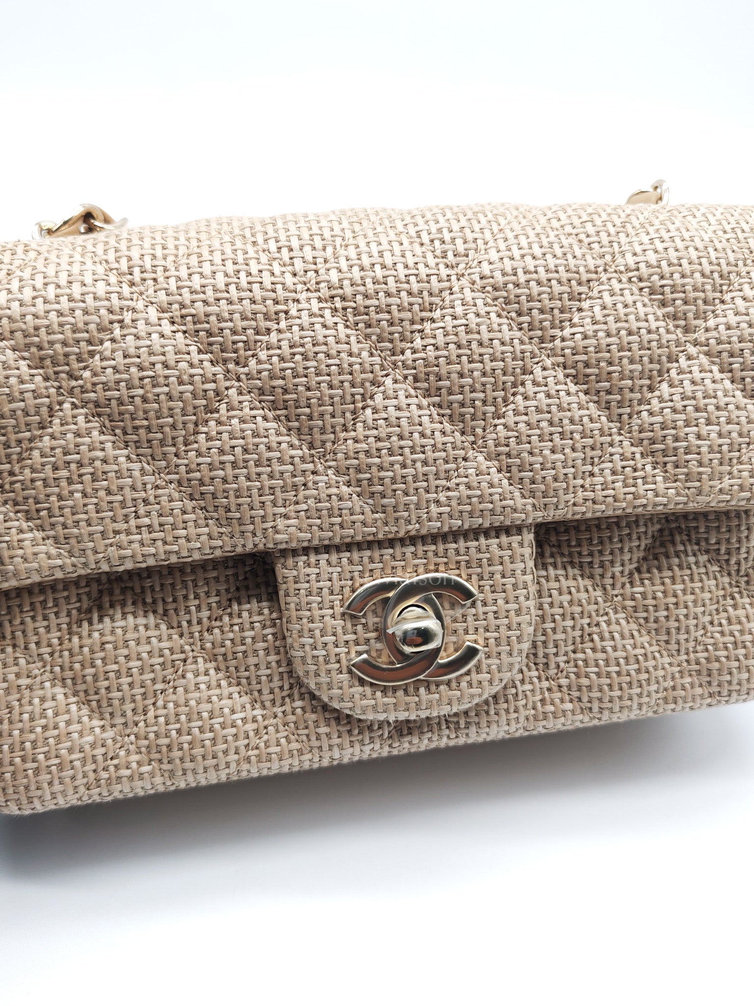 Mini Flap Bag in Dark Beige Raffia & Light Gold Hardware Microchip