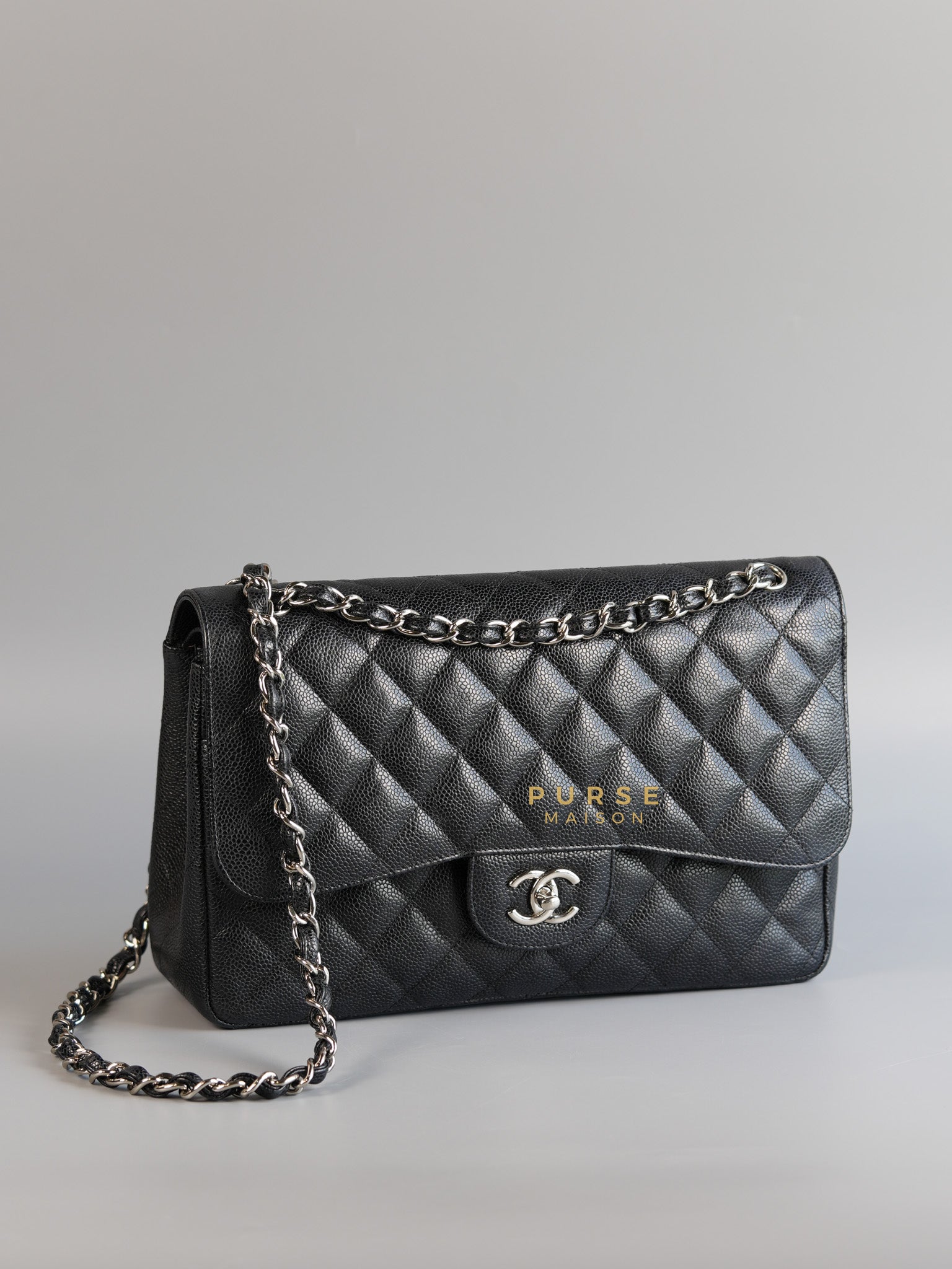 Jumbo Classic Double Flap in Black Caviar Leather & Silver Hardware Series 16 | Purse Maison Luxury Bags Shop