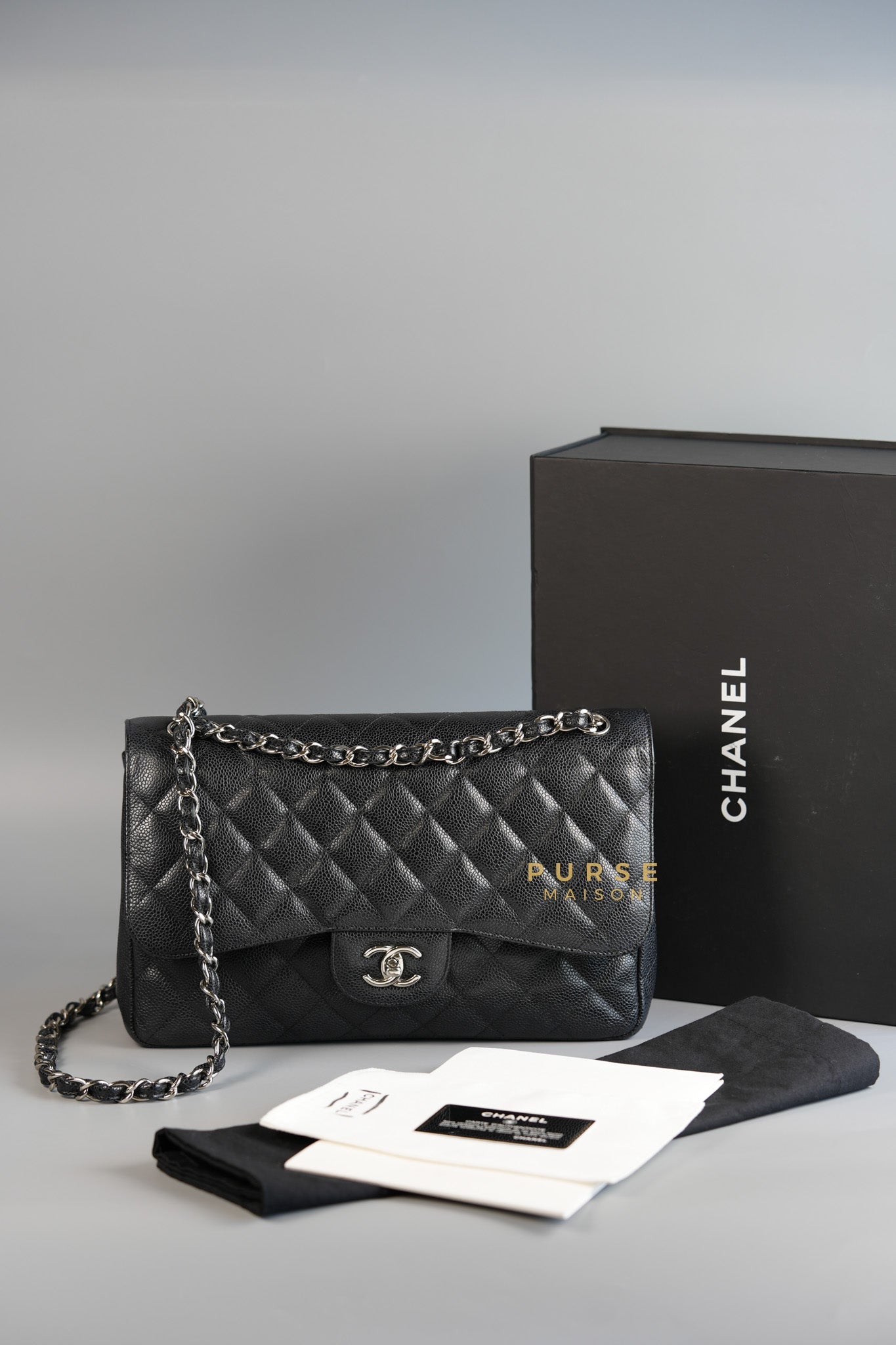 Jumbo Classic Double Flap in Black Caviar Leather & Silver Hardware Series 16 | Purse Maison Luxury Bags Shop