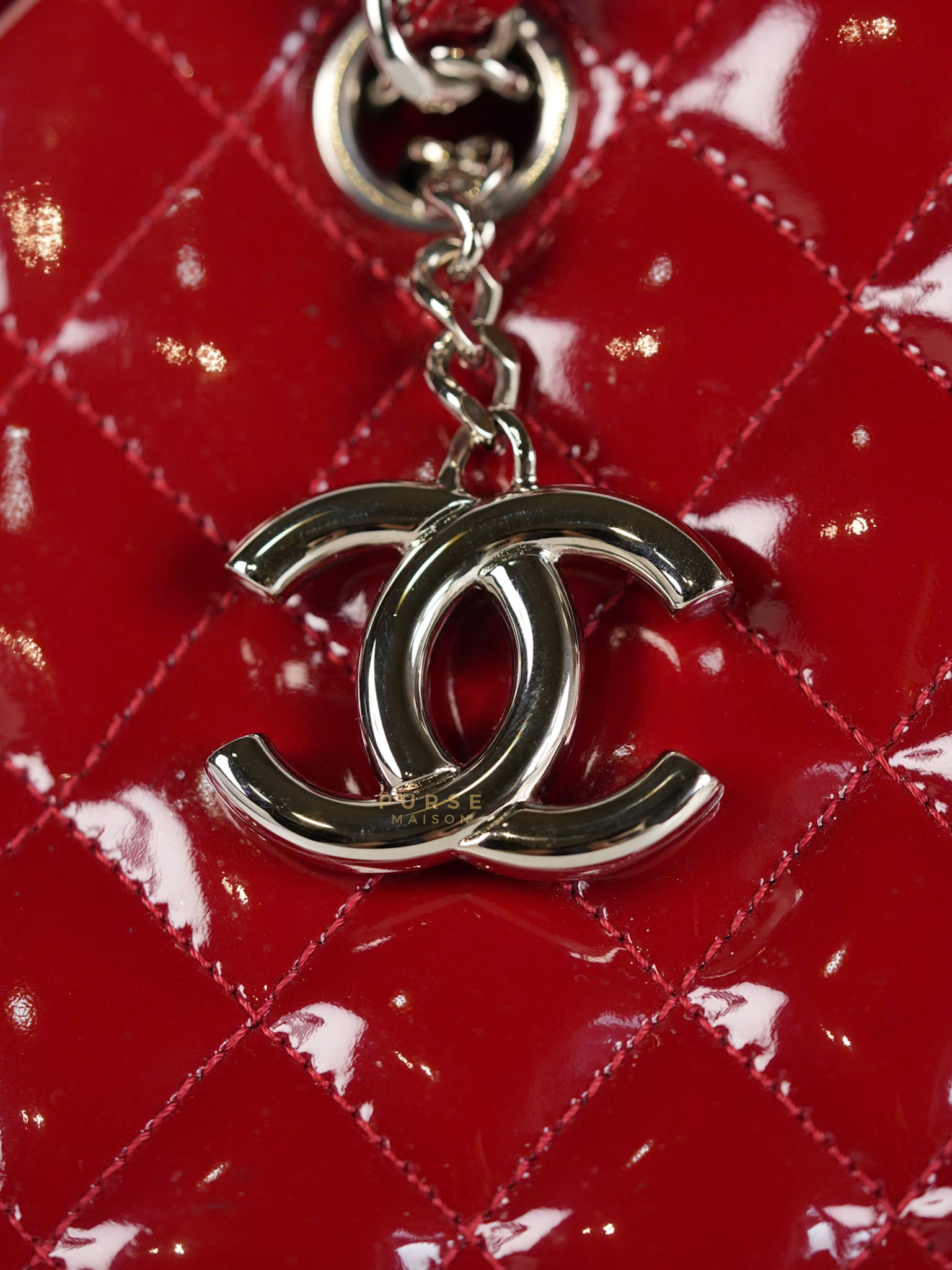 Just Mademoiselle Bowling Bag Medium in Red Quilted Patent Leather & Silver Hardware (Series 14) | Purse Maison Luxury Bags Shop