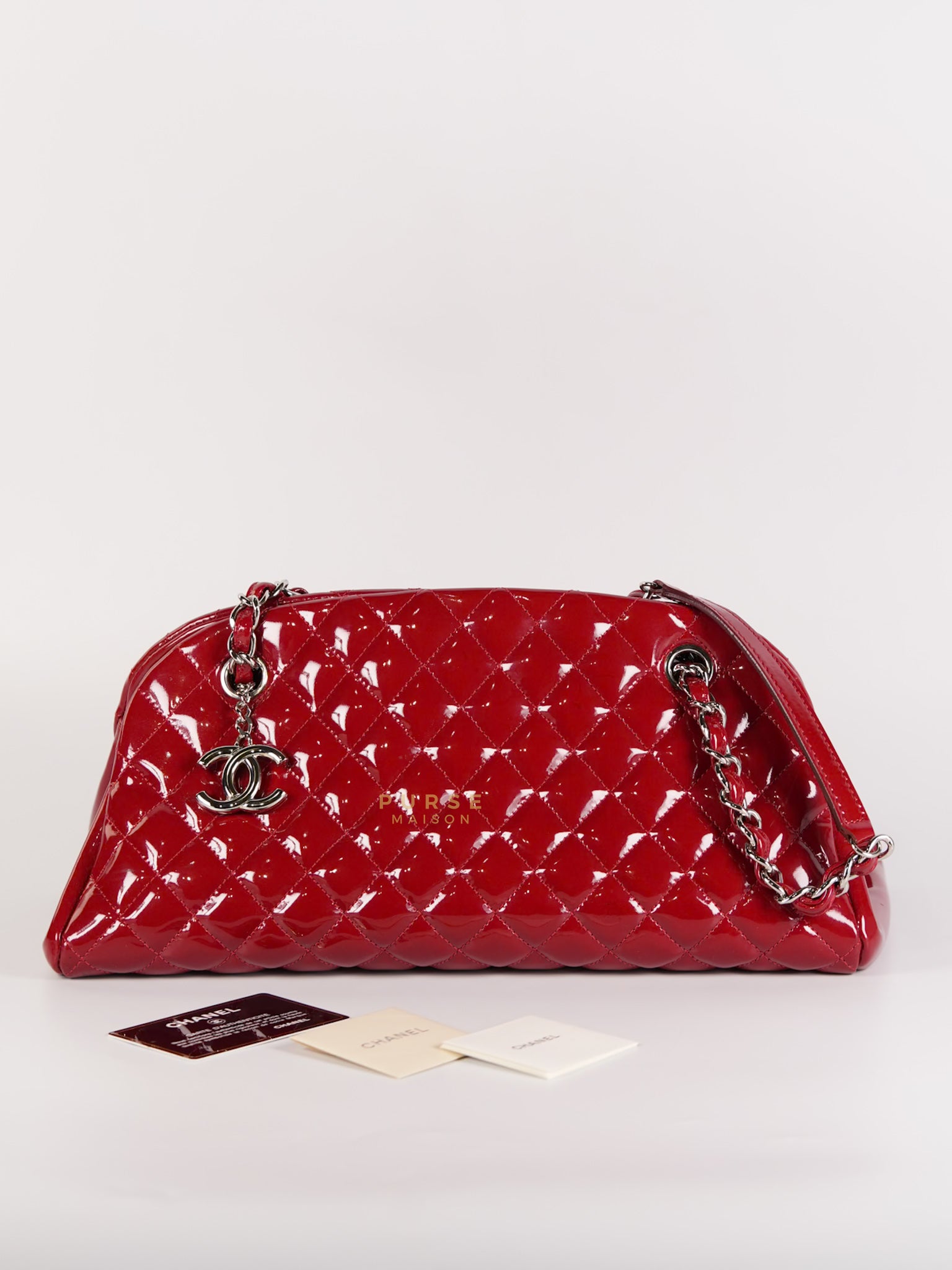 Just Mademoiselle Bowling Bag Medium in Red Quilted Patent Leather & Silver Hardware (Series 14) | Purse Maison Luxury Bags Shop