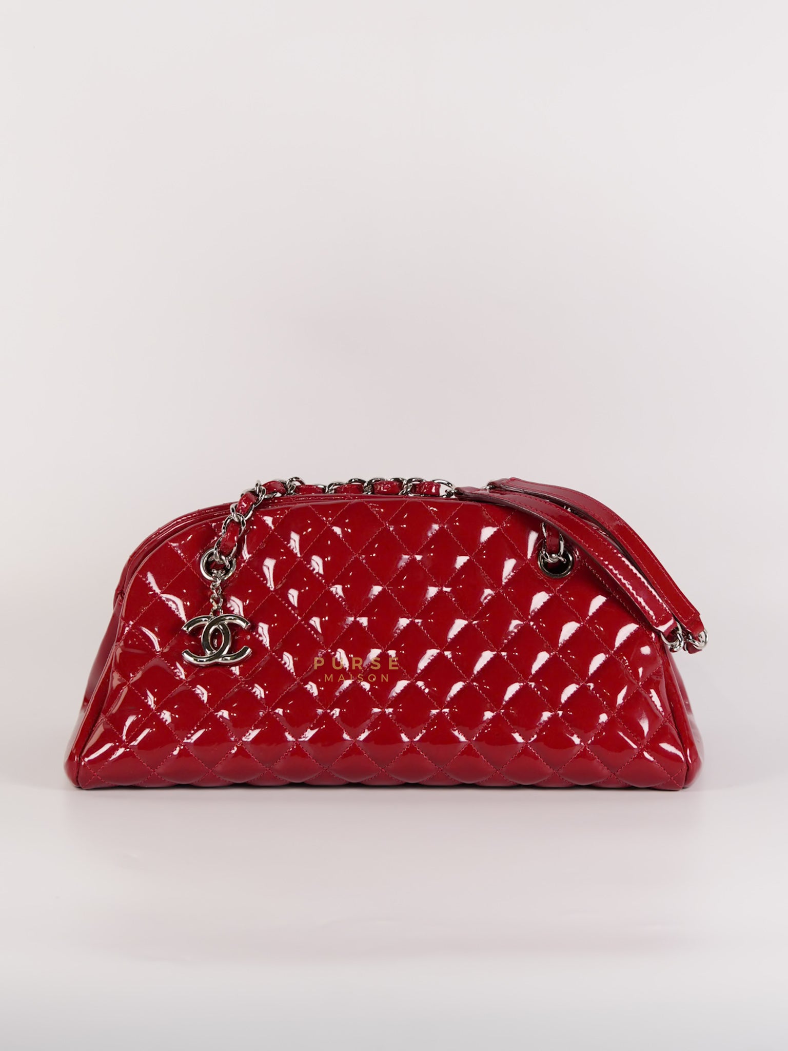 Just Mademoiselle Bowling Bag Medium in Red Quilted Patent Leather & Silver Hardware (Series 14) | Purse Maison Luxury Bags Shop