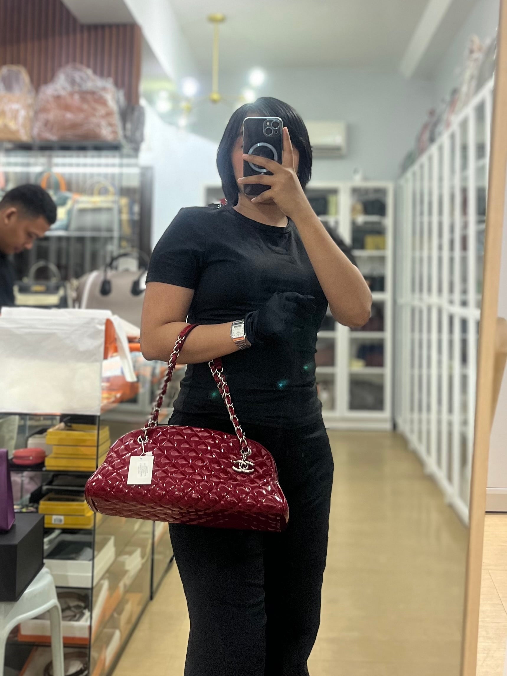 Just Mademoiselle Bowling Bag Medium in Red Quilted Patent Leather & Silver Hardware (Series 14) | Purse Maison Luxury Bags Shop
