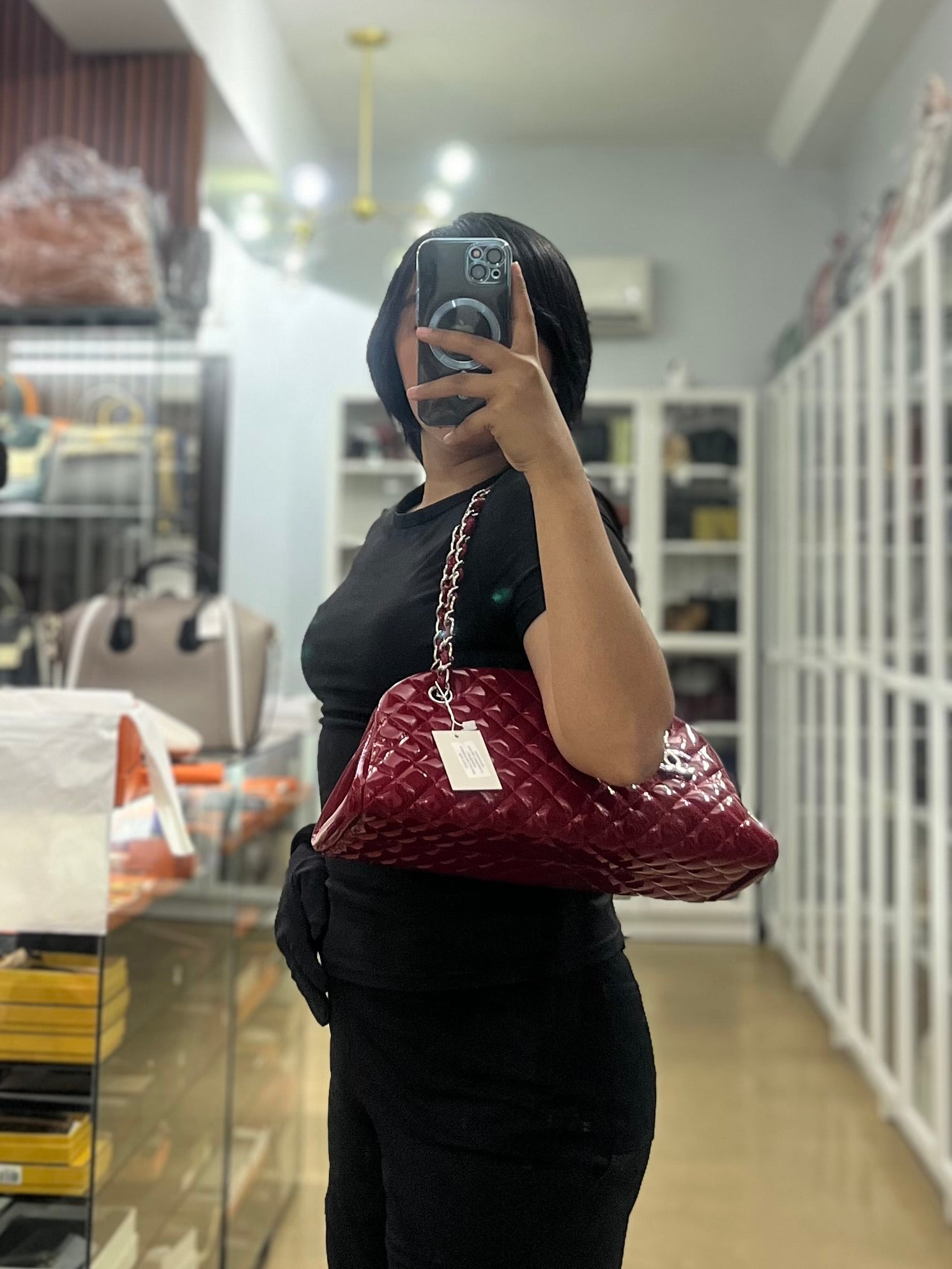 Just Mademoiselle Bowling Bag Medium in Red Quilted Patent Leather & Silver Hardware (Series 14) | Purse Maison Luxury Bags Shop