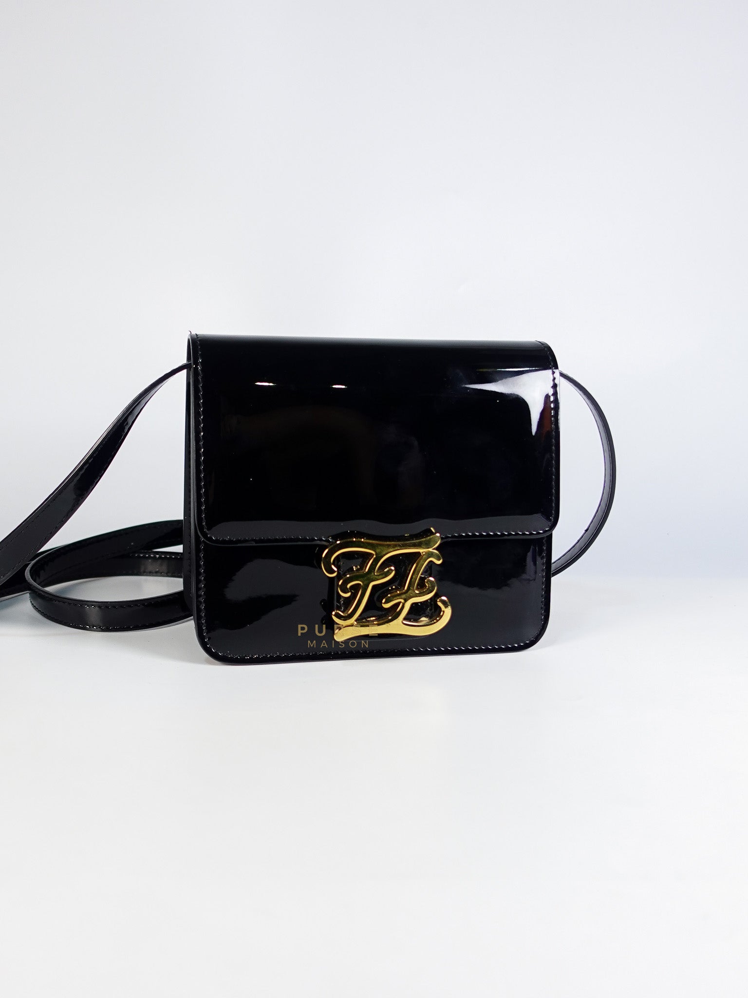 Karligraphy Crossbody Bag Small in Black Patent Leather | Purse Maison Luxury Bags Shop