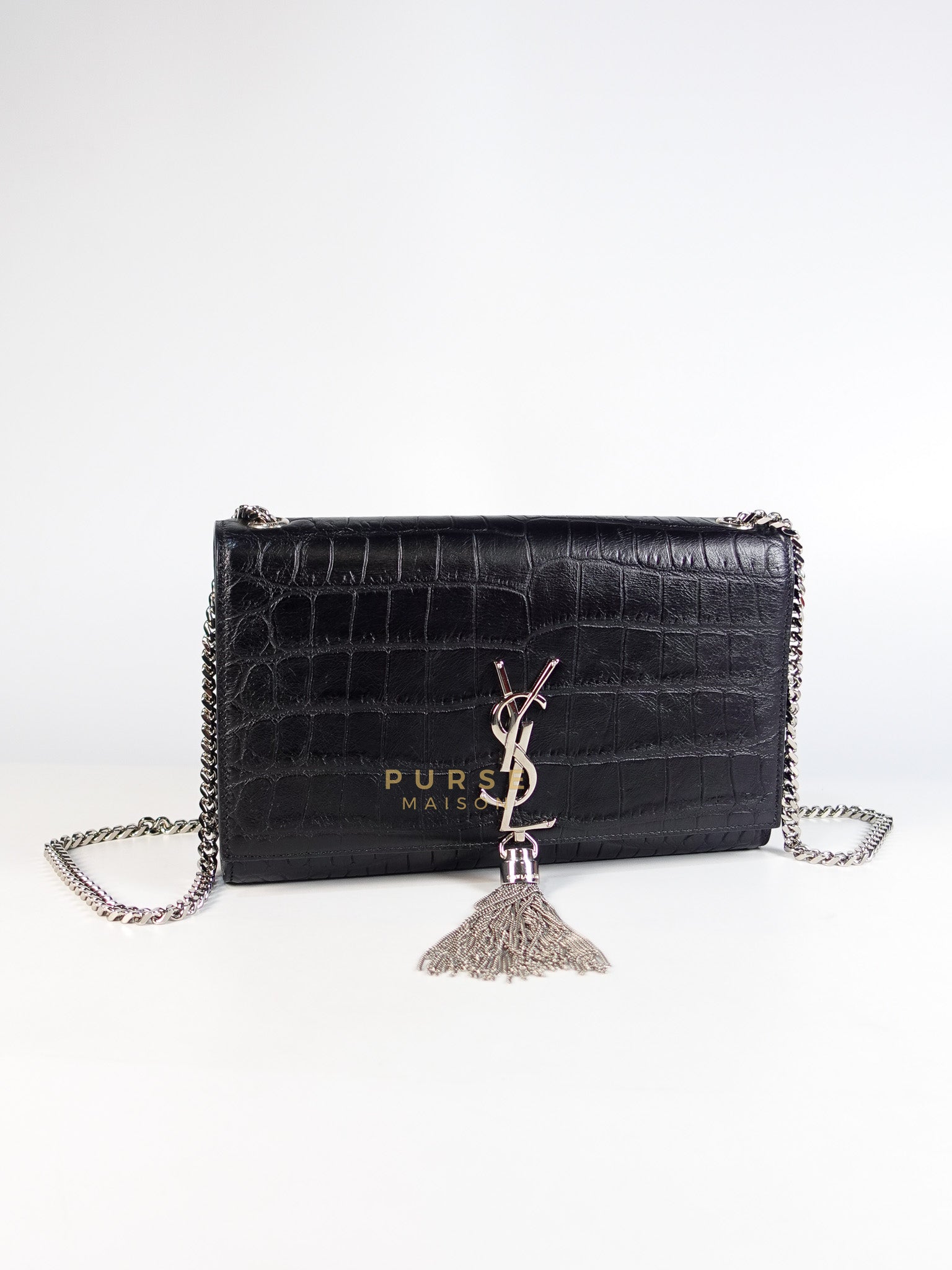 Kate Croc Medium Black Shoulder Bag in Silver Hardware | Purse Maison Luxury Bags Shop
