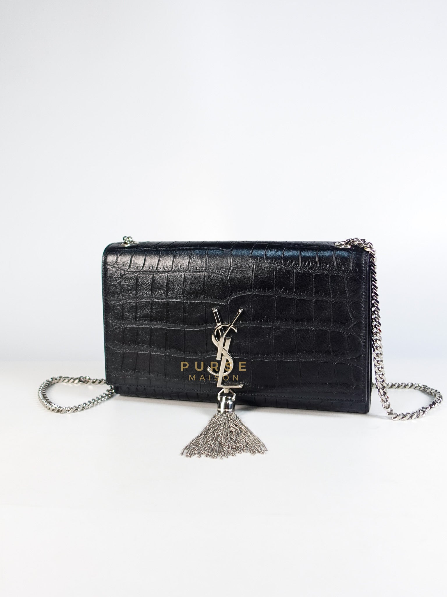 Kate Croc Medium Black Shoulder Bag in Silver Hardware | Purse Maison Luxury Bags Shop