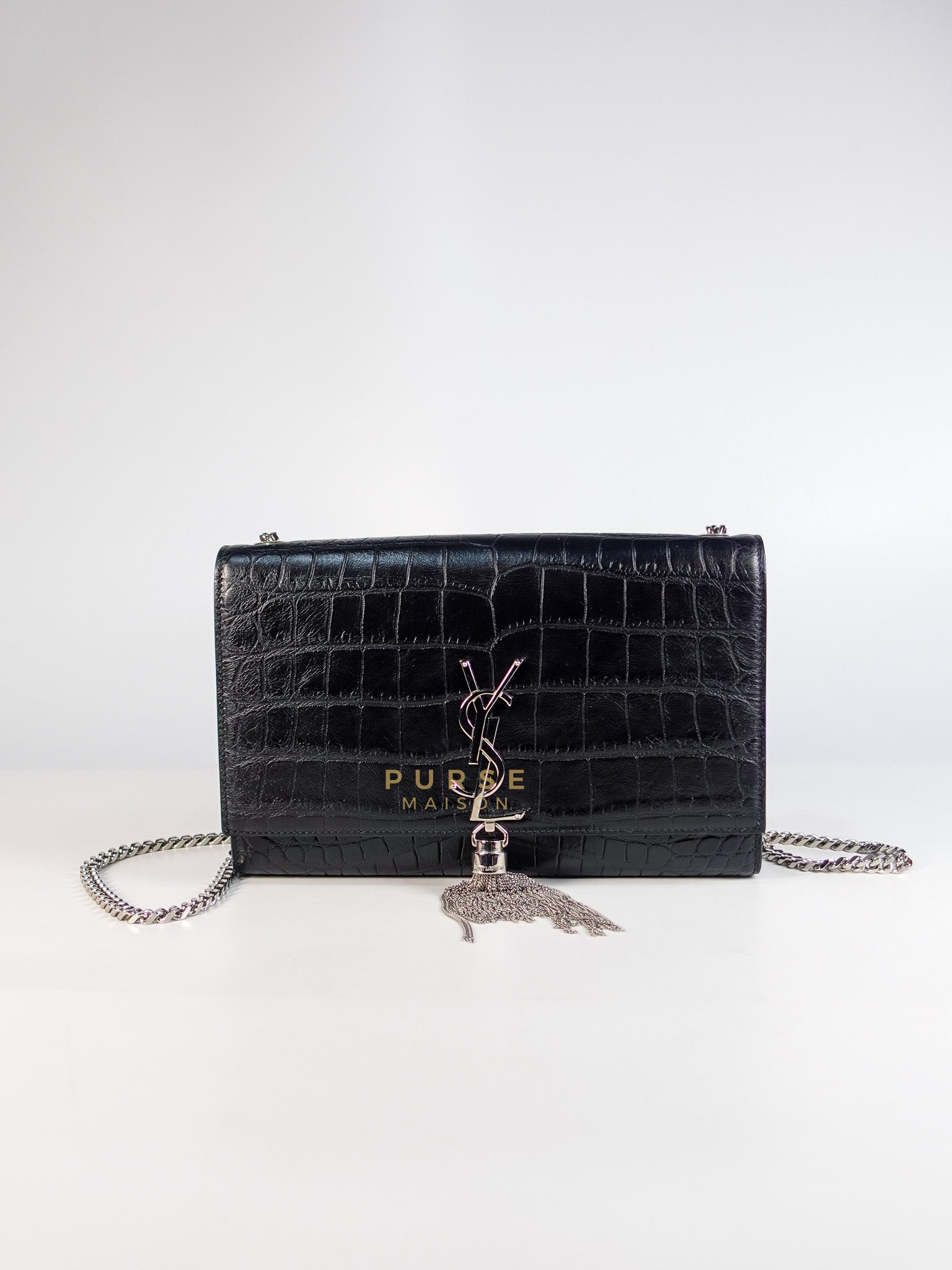Kate Croc Medium Black Shoulder Bag in Silver Hardware | Purse Maison Luxury Bags Shop