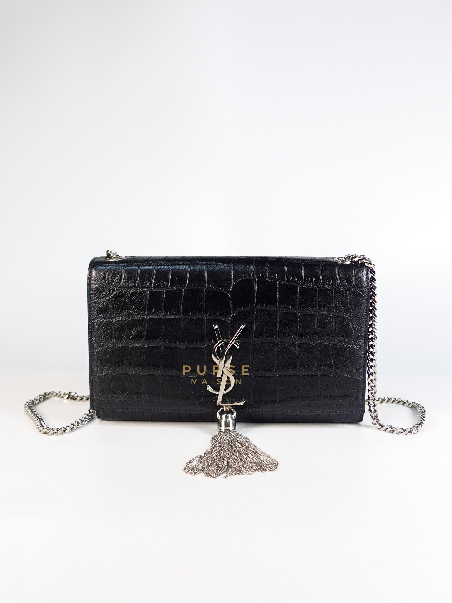 Kate Croc Medium Black Shoulder Bag in Silver Hardware | Purse Maison Luxury Bags Shop