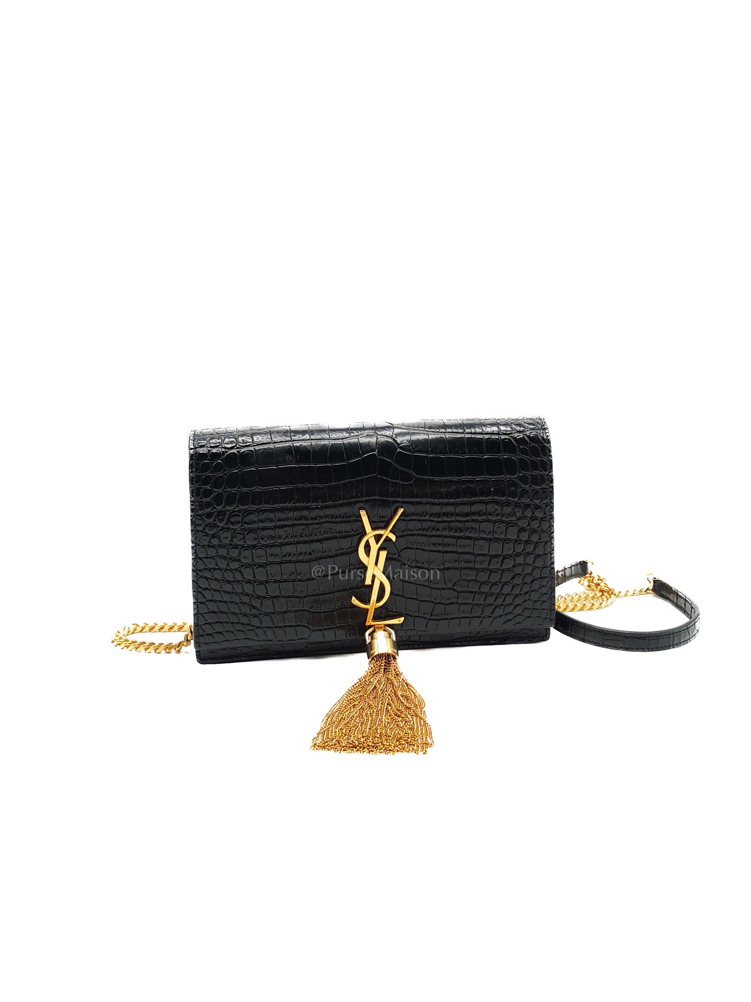 Kate Tassel Bag in Black Croc-Embossed Leather & Gold Hardware | Purse Maison Luxury Bags Shop